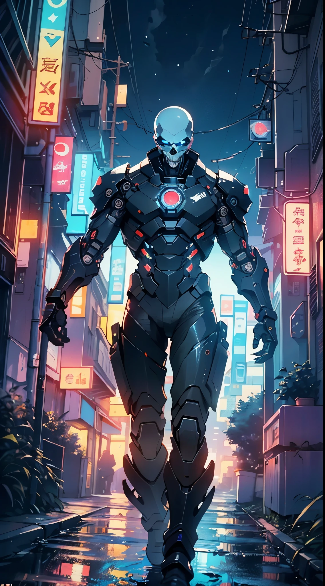 Robot Skull, armored, stealth, Character design, Highly detailed, Intricate details,Mechanical wonder, Cyberpunk, Cybernetic Guardian,male form,skull head,
(dynamic pose:1.0),solo focus,(centered,scale to fit dimensions,Rule of thirds),
cyberpunk city by the ocean at night, with bright neon signs and dark stormy clouds and puddles, scenery:1.25,nighttime, starry night, cosmos,Very dark night that makes the neon lights stand out, very bright neon lights,nighttime, starry night, cosmos,
highres, sharp focus, (ultra detailed, extremely detailed), (photorealistic artwork:1.37),(extremely detailed CG unity 8k wallpaper),((synthwave background theme)),(((vibrant colors))),(intricate background),(masterpiece),(best quality),