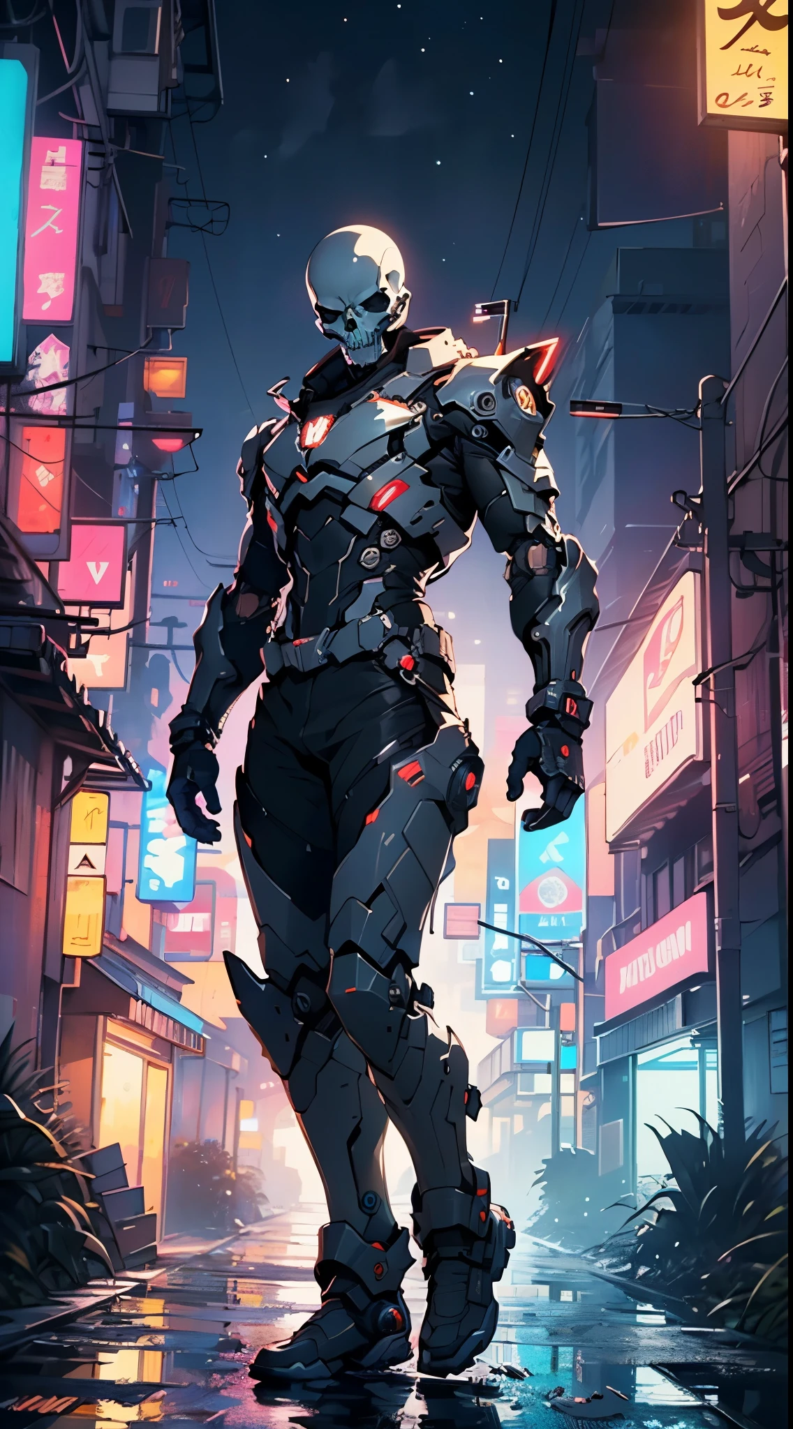 Robot Skull, armored, stealth, Character design, Highly detailed, Intricate details,Mechanical wonder, Cyberpunk, Cybernetic Guardian,male form,skull head,

(dynamic pose:1.0),solo focus,(centered,scale to fit dimensions,Rule of thirds),

cyberpunk city by the ocean at night, with bright neon signs and dark stormy clouds and puddles, scenery:1.25,nighttime, starry night, cosmos,Very dark night that makes the neon lights stand out, very bright neon lights,nighttime, starry night, cosmos,

highres, sharp focus, (ultra detailed, extremely detailed), (photorealistic artwork:1.37),(extremely detailed CG unity 8k wallpaper),((synthwave background theme)),(((vibrant colors))),(intricate background),(masterpiece),(best quality),