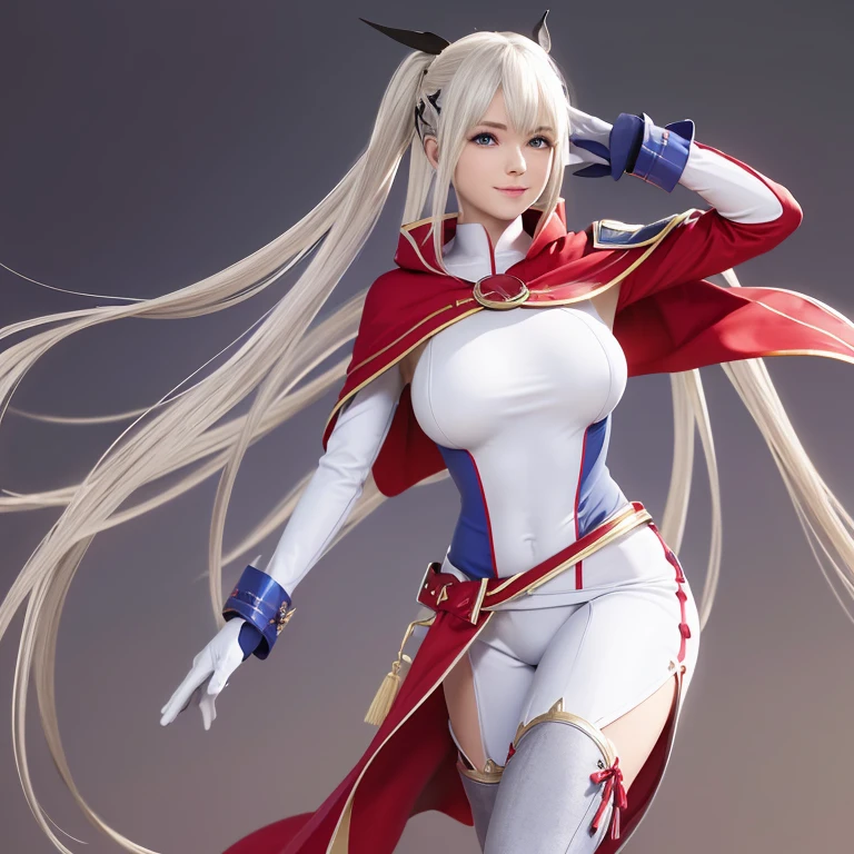 ,Colorful,(masutepiece:1,2), Best Quality, masutepiece, hight resolution, Original, highly detailed wallpaper, 1girl in ,Smile,Solo, Grey Hair, Blue eyes, Original_outfits,red cape,White pants, gloves, breasts, uniform, large breasts,rubbersuit,thigh high boots