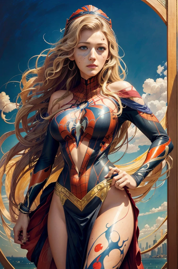 Blake Lively、Sticking out the navel、newyork、She wears a torn Spider-Man suit,wearing skirt、abstract photorealistic、artistic、Alphonse Mucha's painting(masterpiece、top-quality、hight resolution:1.4)、detaileds、複雑なdetaileds、4K、color splashes、line-drawing、Fibonacci、