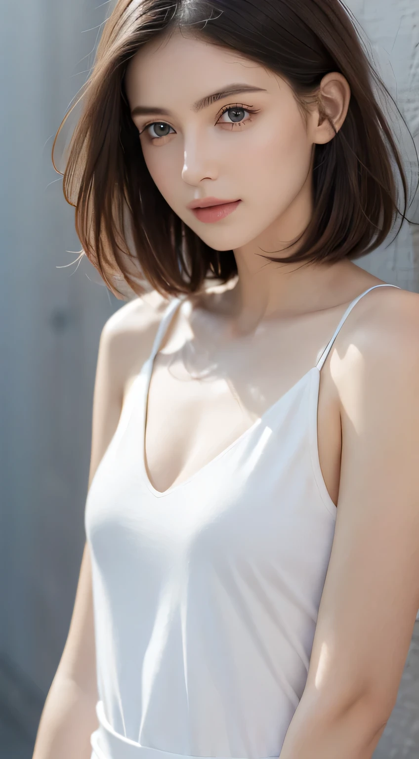 Skin Tight White Top:1.2, Looking at Viewer, Cinematic lighting, Perfect, softlight, High resolution skin:1.2, Realistic skin texture, 30 years old mature woman、a small face、no-makeup、off shoulders,Bust B Cup、 Exposed cleavage, Blue eyes, Short hair, dark brown hair、Full body shot、Gray background、