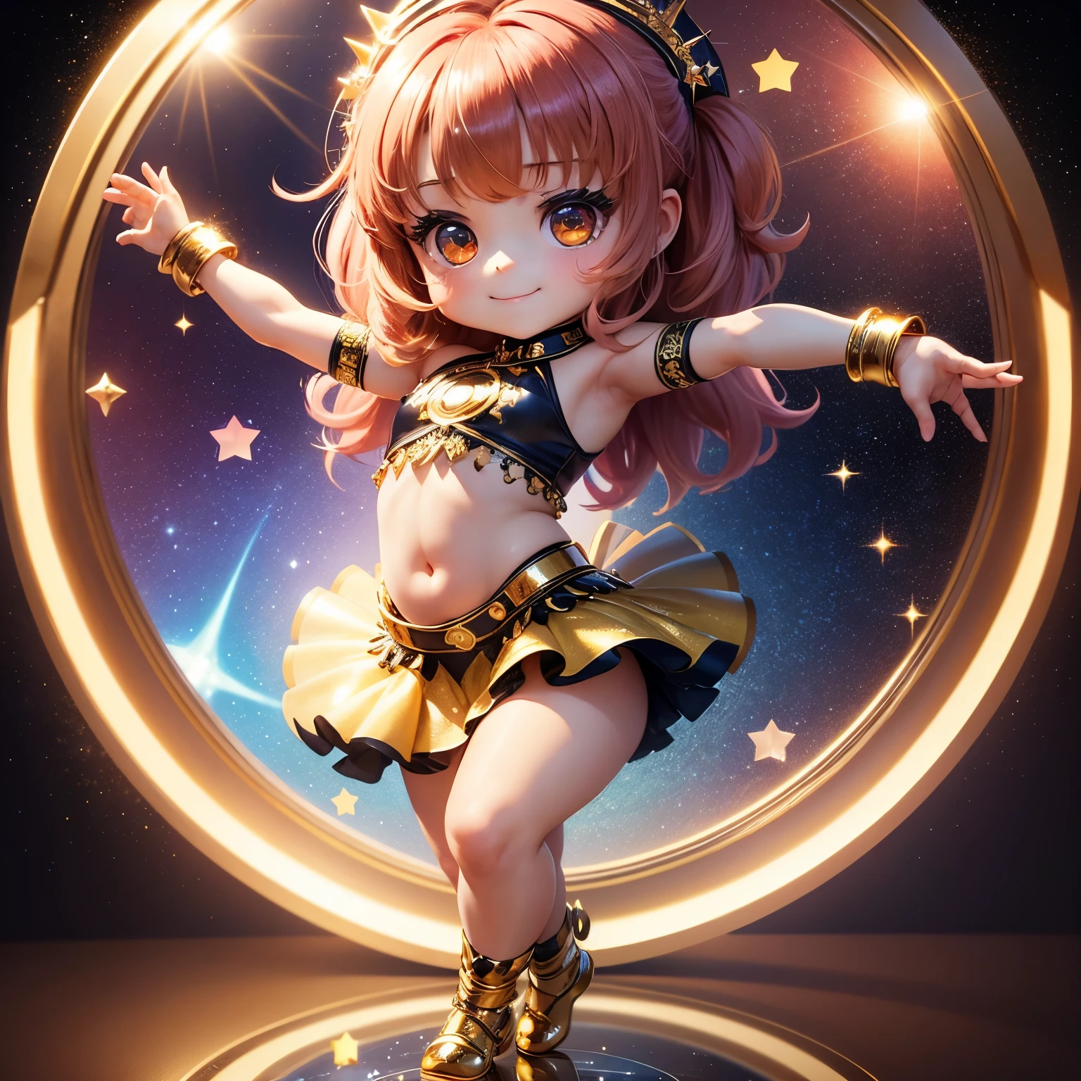 ​masterpiece、top-quality、ultra-detailliert、(Chibi Chara's Daughter:1.32),Belly dance,rainbow costume,The background is a simple gold background,(mirror ball:1.2),Stars shine,a smile,Full-body standing figure.dancing dancing,Countless sparkling stars