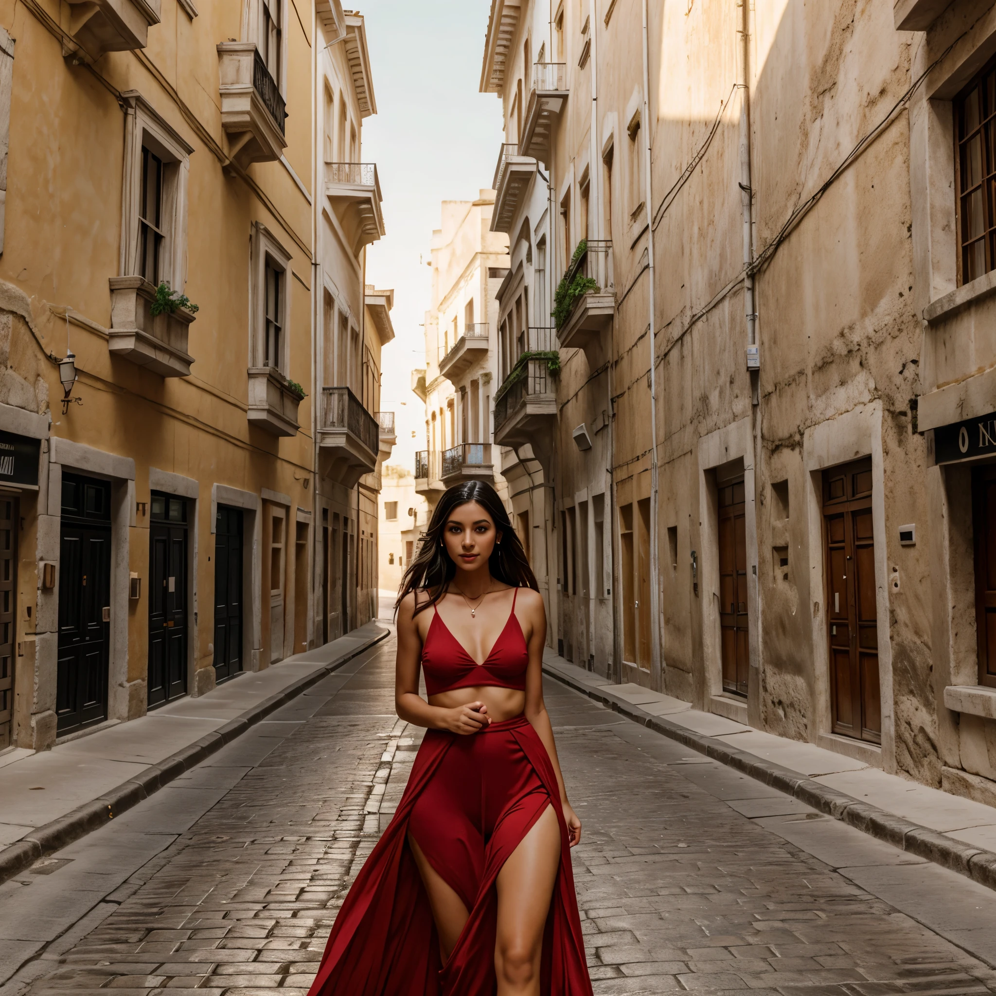 flat-camera, woman in red dress and white walking down the street in Matera, buttockapart, camel toe