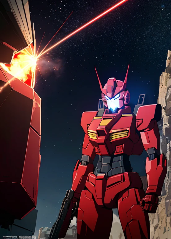 (red and black mecha), gundam, holding rifle, explosion, laser, robot, masterpiece,best quality,ultra-detailed,very detailed illustrations,extremely detailed,intricate details,highres,super complex details,extremely detailed,cowboy shot, caustics,reflection,ray tracing,demontheme,nebula,dark aura,cyber effect, action, ancient japanese architecture,pond, starry sky,skyline,