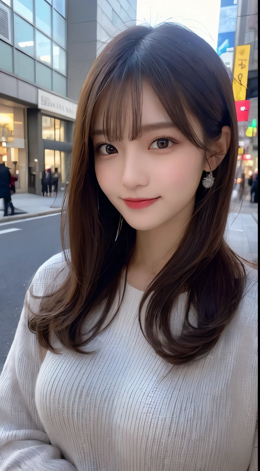 masutepiece, Best Quality, Illustration, Ultra-detailed, finely detail, hight resolution, 8K Wallpaper, Perfect dynamic composition, Beautiful detailed eyes, classy winter clothes,Medium Hair,Small breasts natural color lip, Bold sexy poses,Smile,Aoyama Street、20 years girl、Cute、Sexy shot looking at camera,natta,Beautiful detailed face,Classy face,Perfect and beautiful face,slim face and body