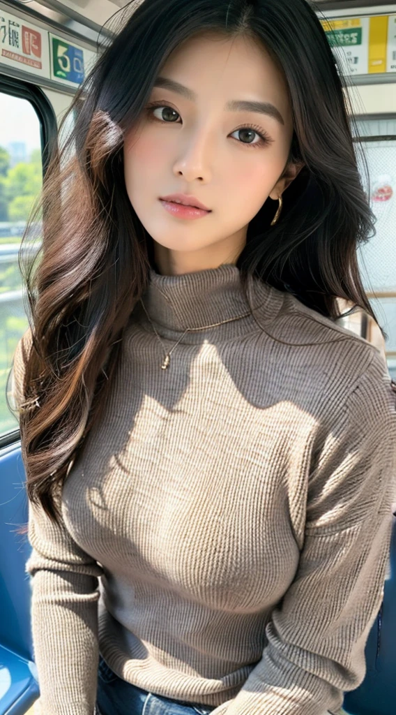 woman wearing gray turtleneck sweater、long-sleeve