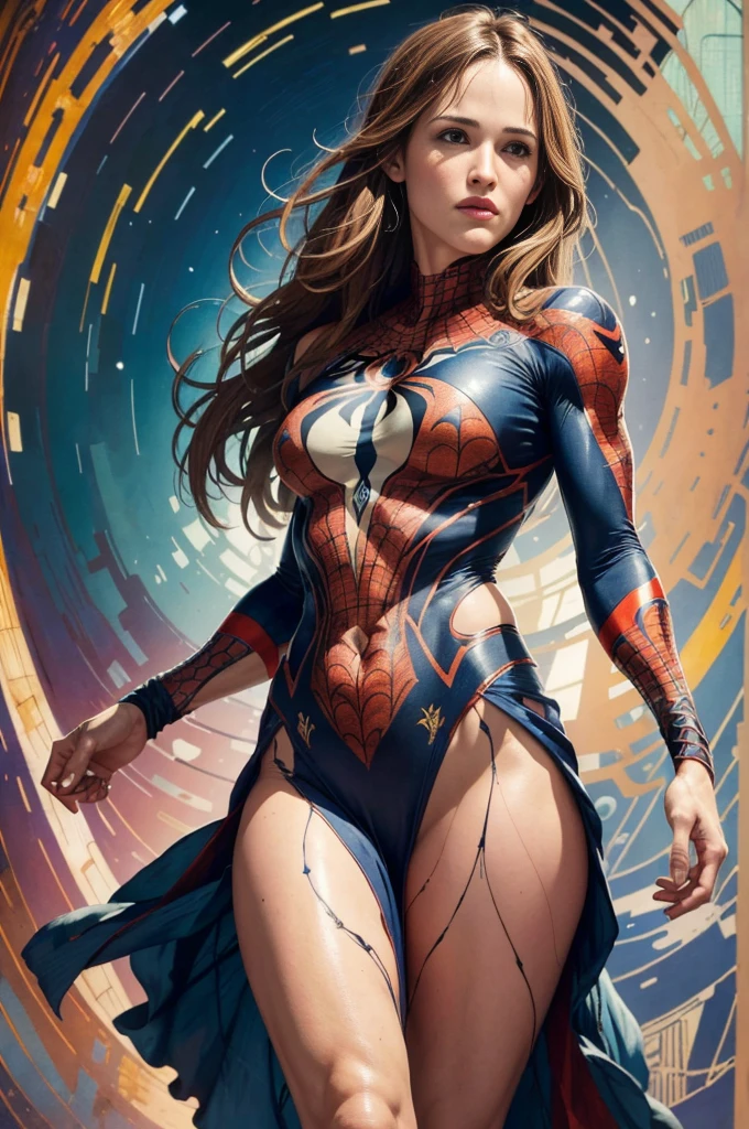 Jennifer Garner、Sticking out the navel、newyork、She wears a torn Spider-Man suit,wearing skirt、abstract photorealistic、artistic、Alphonse Mucha's painting(masterpiece、top-quality、hight resolution:1.4)、detaileds、複雑なdetaileds、4K、color splashes、line-drawing、Fibonacci、