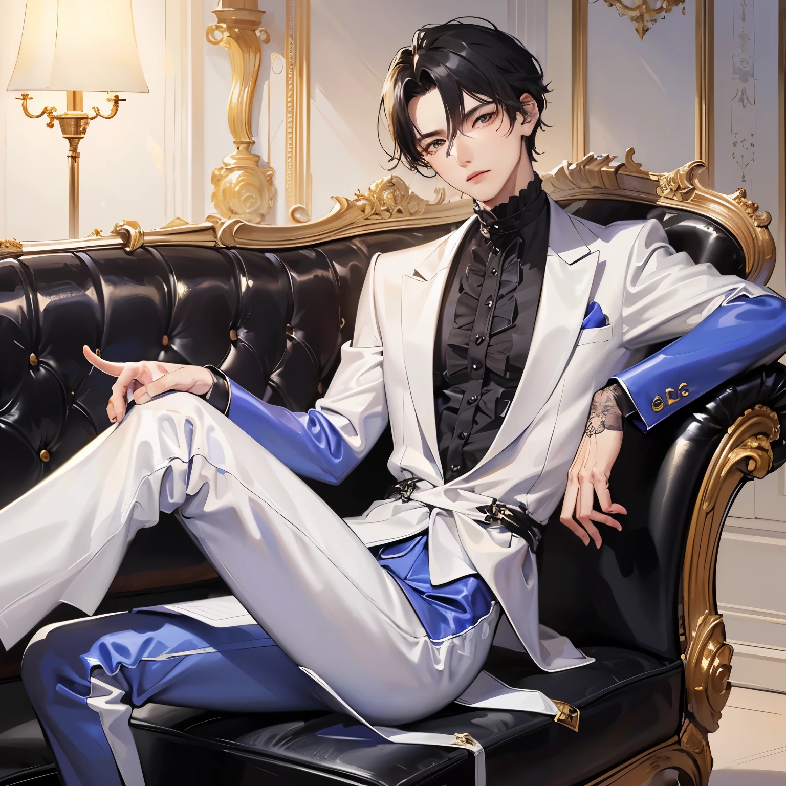 Adonis、black-haired aristocrat、Straight face、A detailed face、1 boy、Classic、Arrogant man、top grade、Center division、Forehead、Mole、One Man、A sexy、Sit on a luxury sofa、cross one's legs、Wear blue clothes、