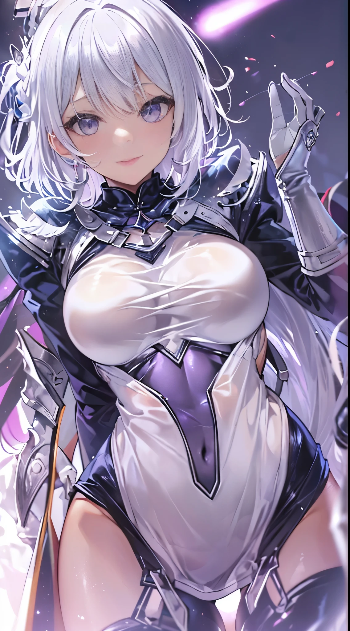 One lady,14years,((White hair) ,((())), ((Normal ???????)), (())(()),(Shiny purple ???????? with microskirt))),,((Fantasy))(())