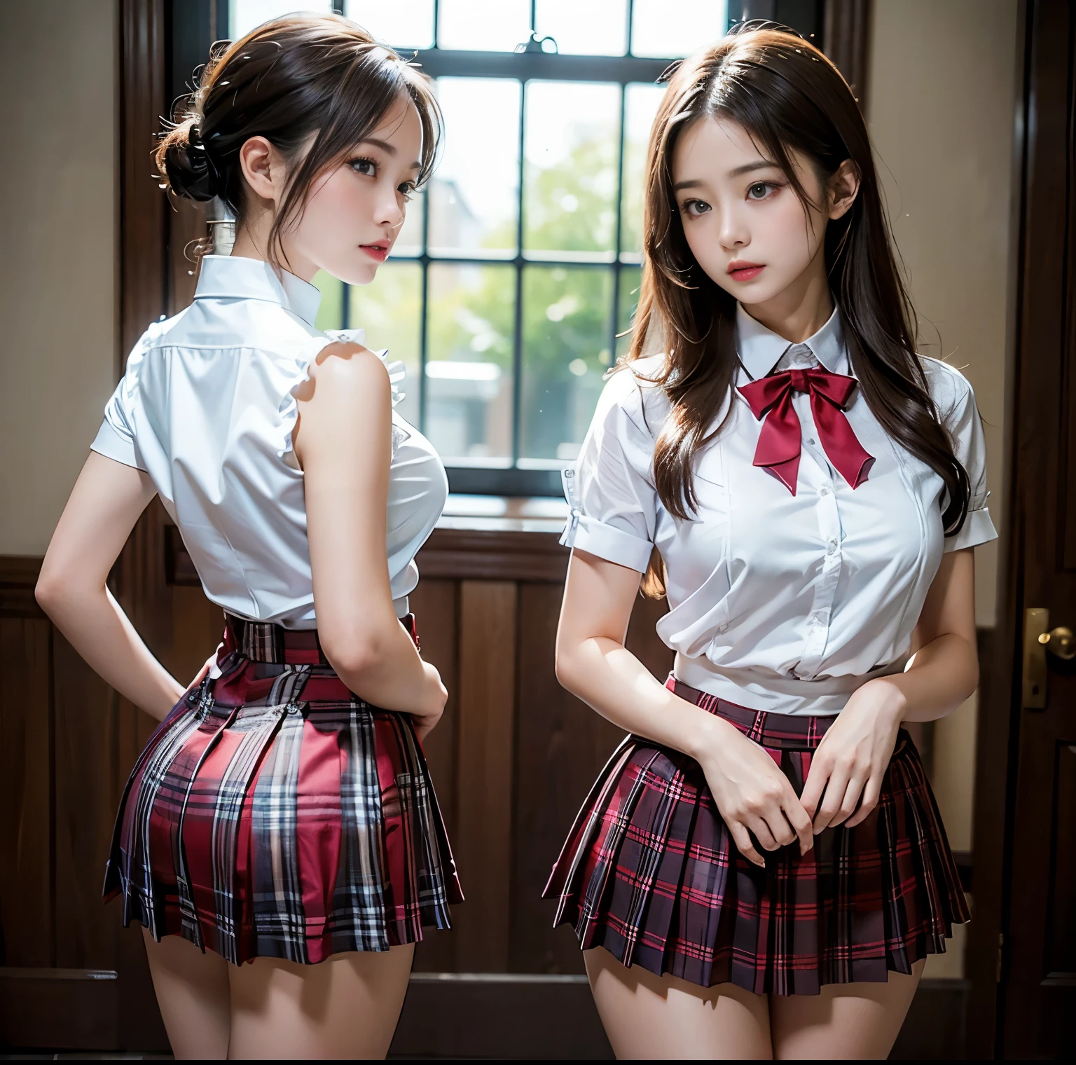 top-quality, 8K picture quality, ​masterpiece, A hyper-realistic, (Two girls side by side:1.2), 完璧なボディと完璧なボディとColossal breasts with tension, Bright whitening skin, A skin-tight white stretch blouse with a deep red ribbon tie., Micro mini pleated tartan check skirt, (the skirt is incredibly short:1.2), (Stick out your butt and show off your beautiful butt:1.3), (above the knee while standing), thin-waist, , (Both of us are proud of our butts.), Colossal breasts with tension