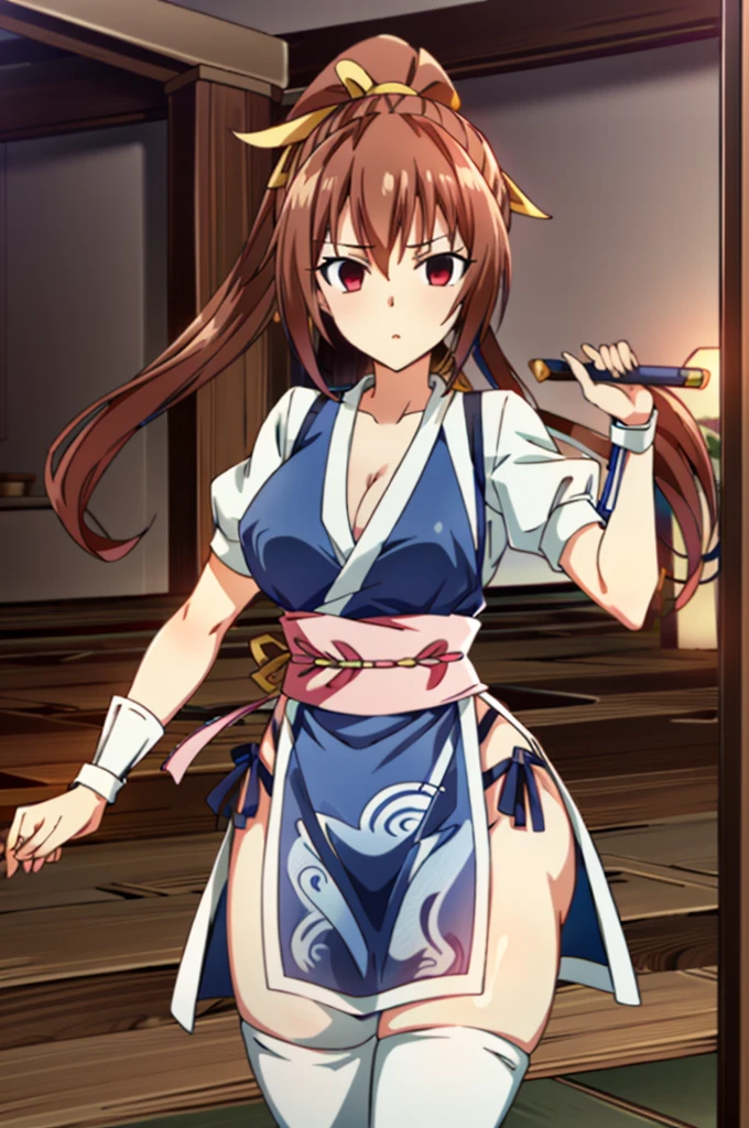 (masutepiece, Best Quality:1.3)
Kasumido, 1girl in, Solo, Long hair, breasts, Looking at Viewer, Bangs, Large breasts, Brown hair, thighs thighs thighs thighs, Dress, bow ribbon, cleavage, Brown eyes, medium breasts, Underwear, Standing, Panties, Hair Ribbon, braid, Short sleeves, Cowboy Shot, komono, Puffy sleeves, white thighhig, Puffy Short Sleeves, Lips, sash, pelvis curtain, Yellow Ribbon, Realistic, Nose, arm guards, (hangar:1.3),hypnoLora,
empty eyes
