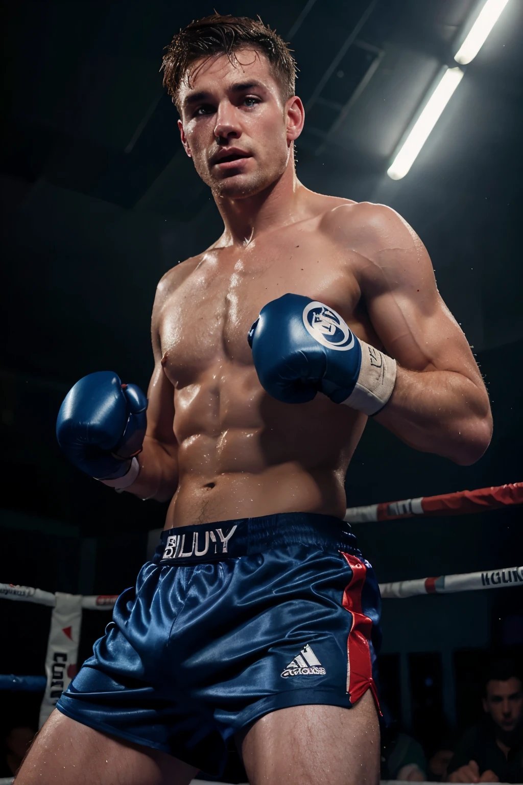 A sweaty, young Irish boxer with a wet fringe and stubble in dark blue satin boxing trunks with red trim