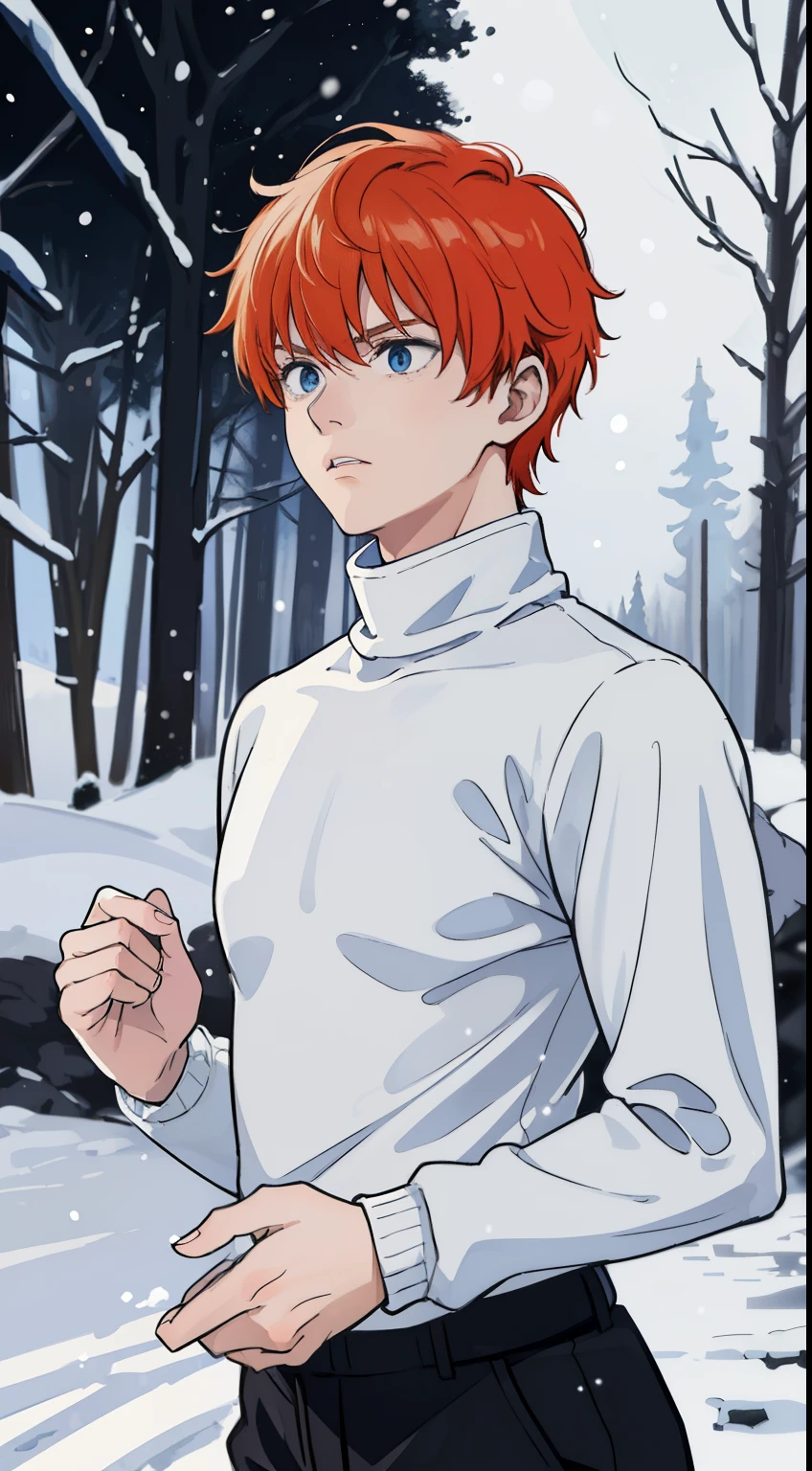 (1boy,18 years old), orange hair, blue eyes,(black pants),(((white sweater,turtleneck))),(snow,snowing,night,in a forest,night),((angry face,separated lips)),cowboy shot,((running,from side,looking away))