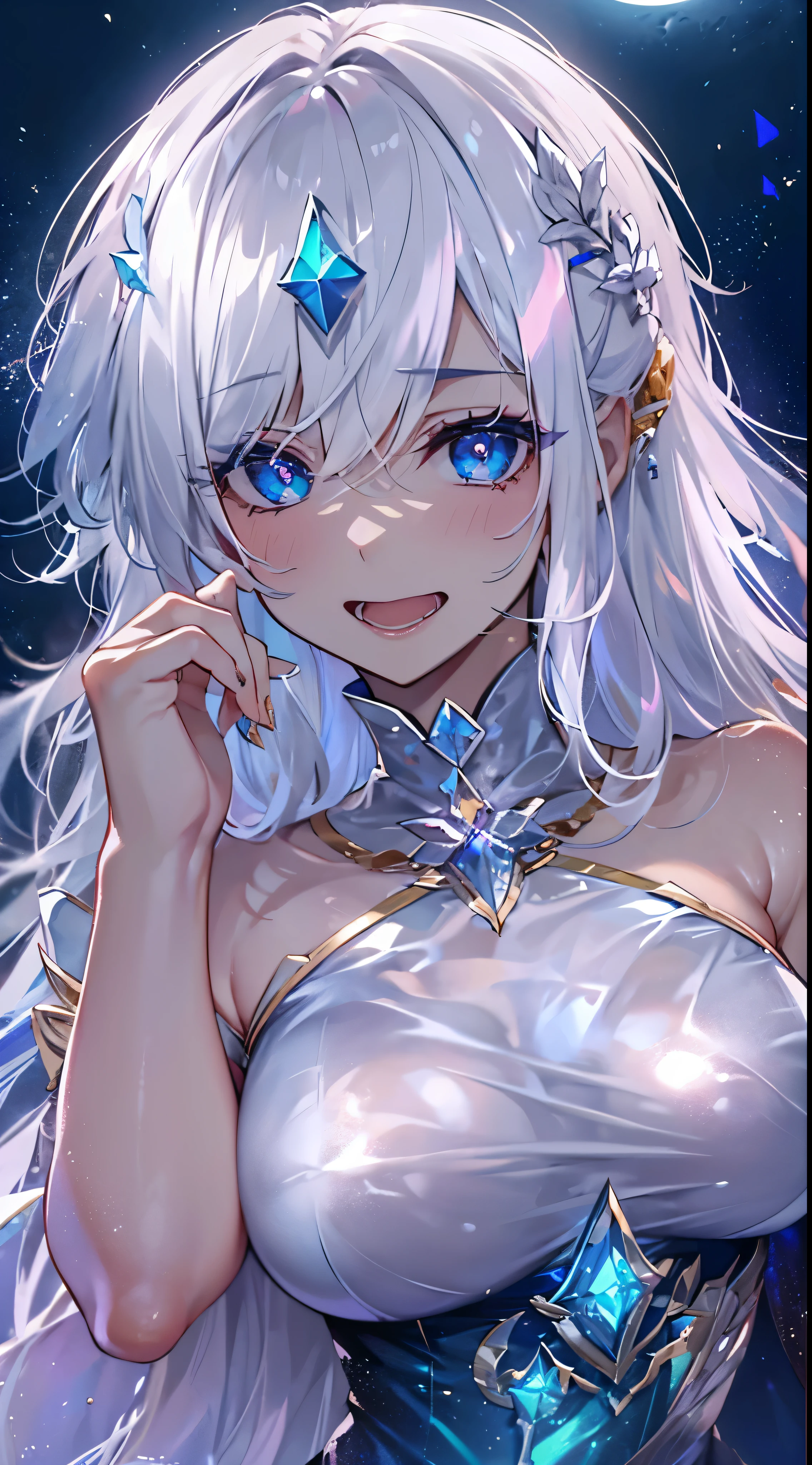One lady,14years,((White hair) ,((())), ((Normal breasts)), (())(()),(Shiny blue bodysuit with microskirt))),,((Fantasy,Moon Night))(())