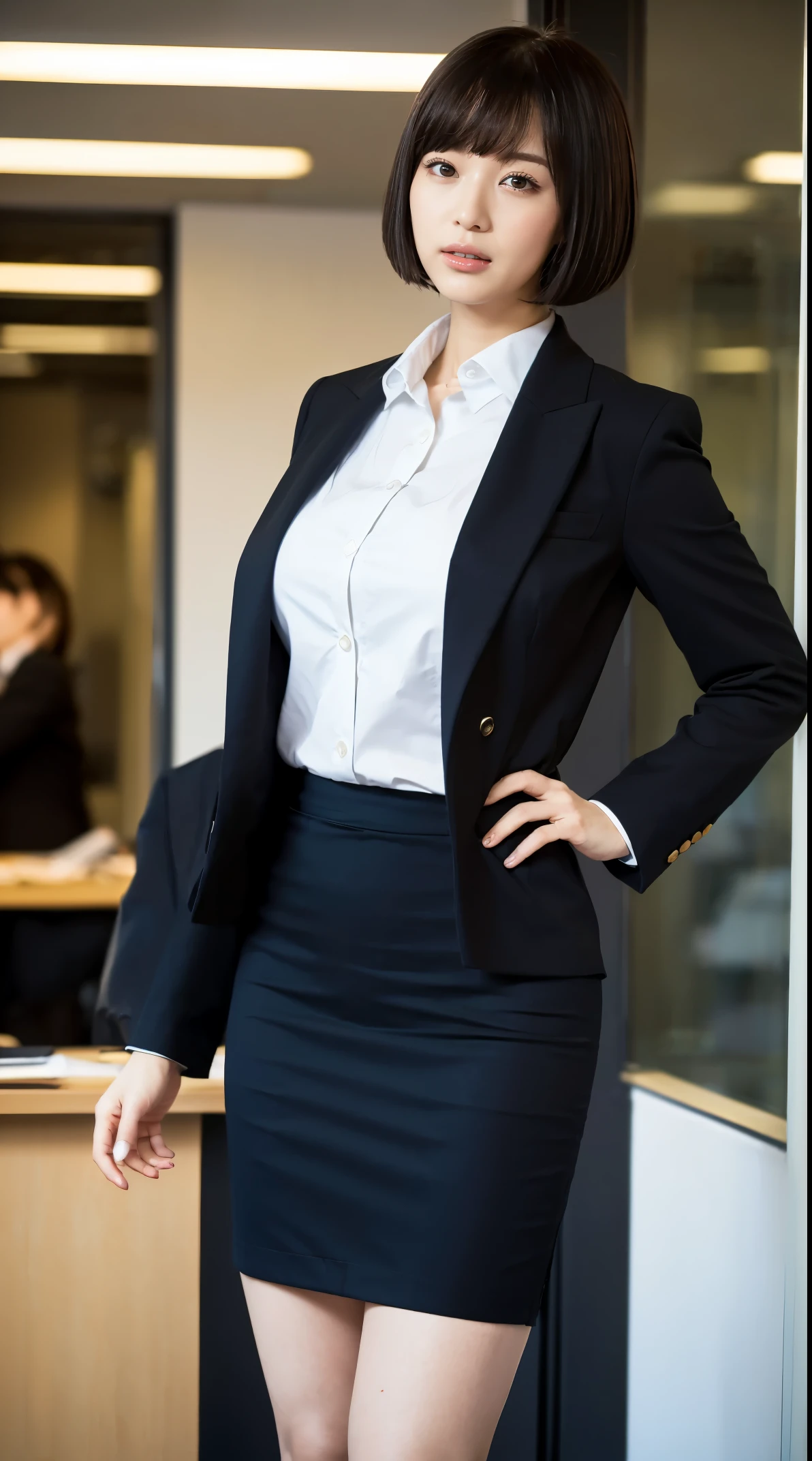 (masutepiece,High quality:1.3),(depth of fields:1.3) ,((front body:1.35)), Japanese ,woman, bowl cut, (Women's business black suits black midi skirt ,White collared shirt:1.2),Huge breasts,(Looking at Viewer:1.3),(full body:1.2),( Hands on hips:1.2),Inside the office by the window