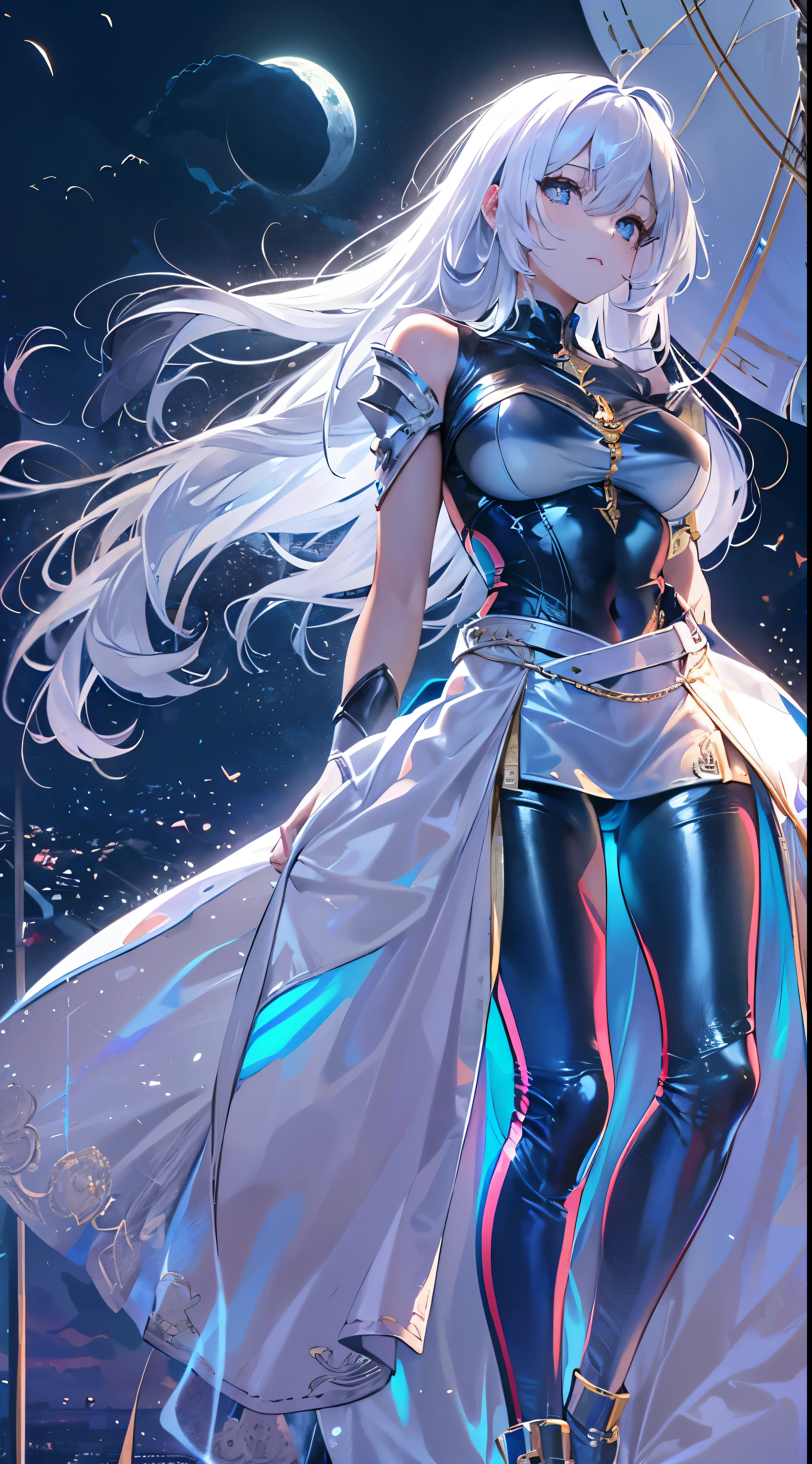 One lady,14years,((White hair) ,((())), ((Normal breasts)), (())(()),(Shiny blue bodysuit with microskirt))),,((Fantasy,Moon Night))(())