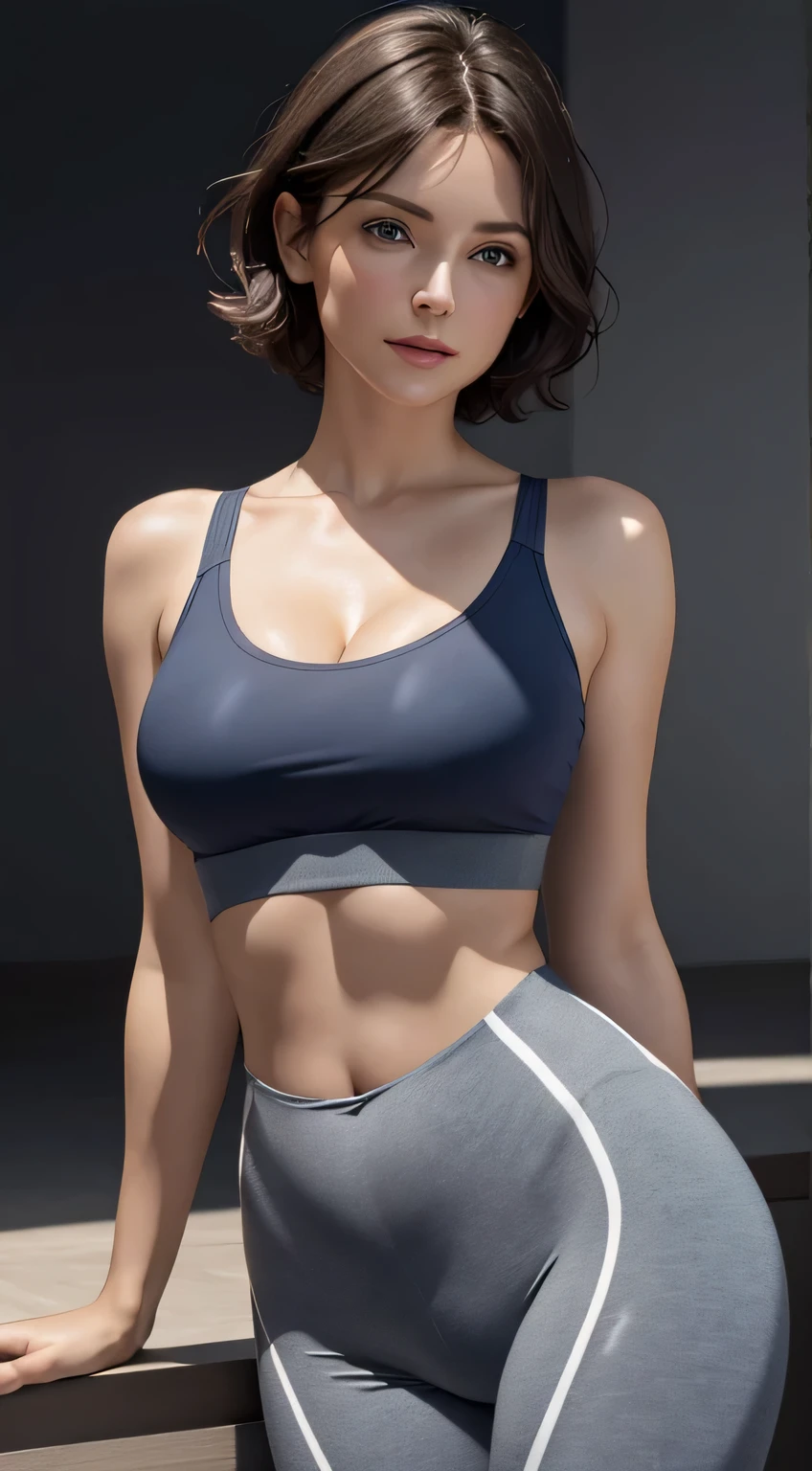 Looking at Viewer, Cinematic lighting, Perfect, softlight, High resolution skin:1.2, Realistic skin texture, 30 years old mature woman、a small face、no-makeup、off shoulders,Bust B Cup、Small breasts、 Exposed cleavage, Blue eyes, Short hair, dark brown hair、leggins、Sportsbra、fullnude、Gray background