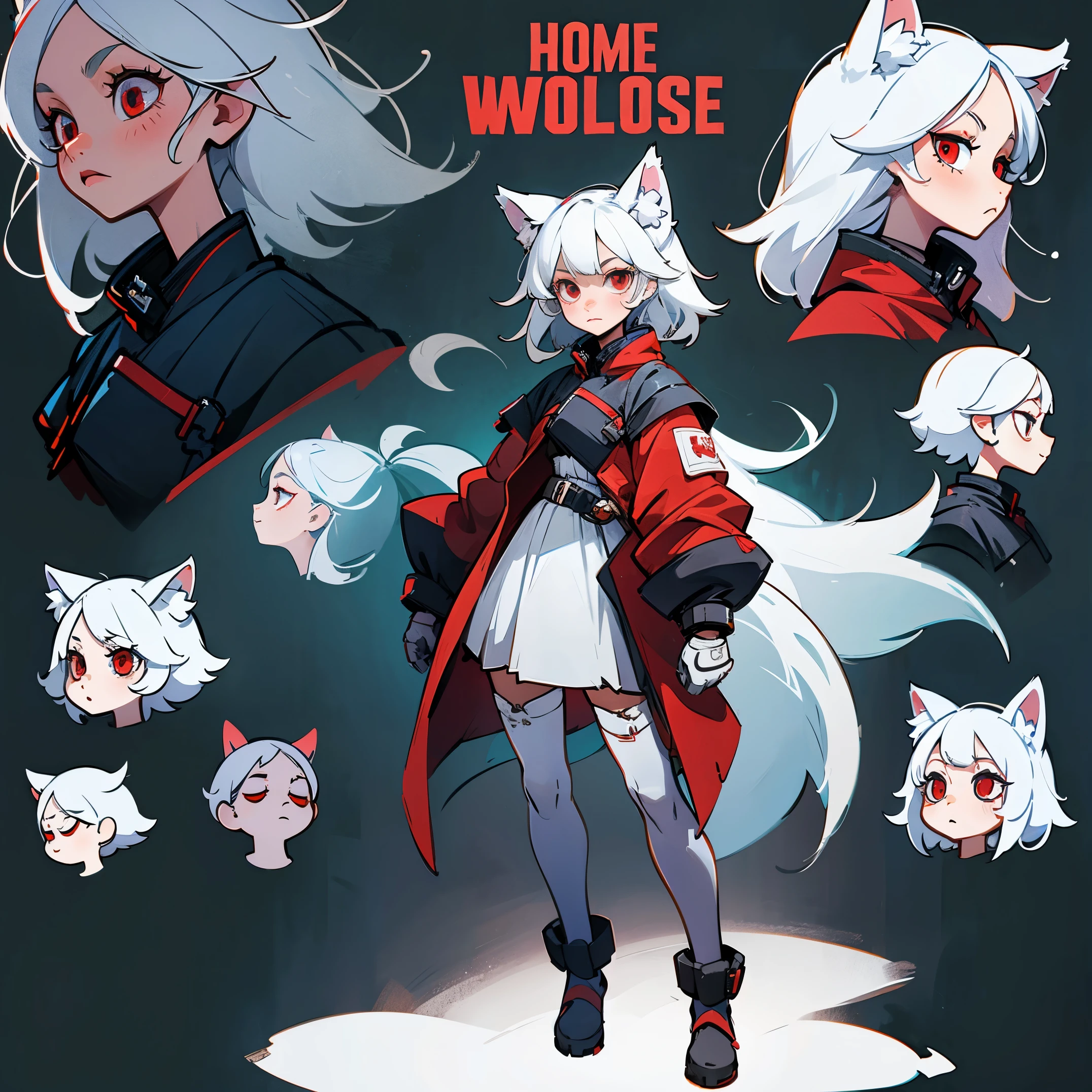 character sheet, concept art, full body, human girl, white hair, red eyes, wolf ears, cute outfit