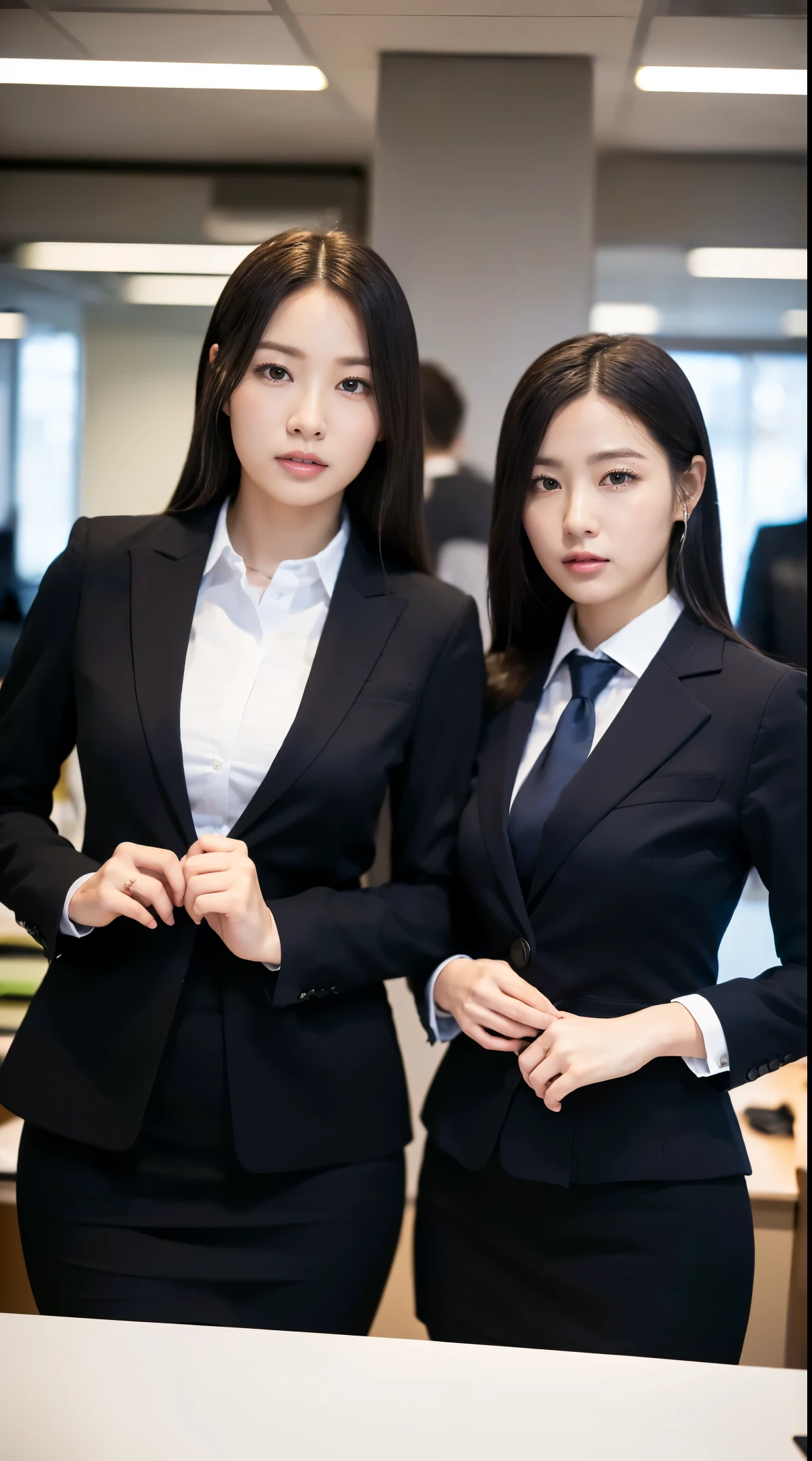 (masutepiece,High quality:1.3),(depth of fields:1.3) ,((front body:1.35)), Japanese ,woman, (Women's business black suits black midi skirt ,White collared shirt:1.2),Huge breasts,(Looking at Viewer:1.3),(full body:1.2),(Hands on hips:1.2) Inside the office by the window