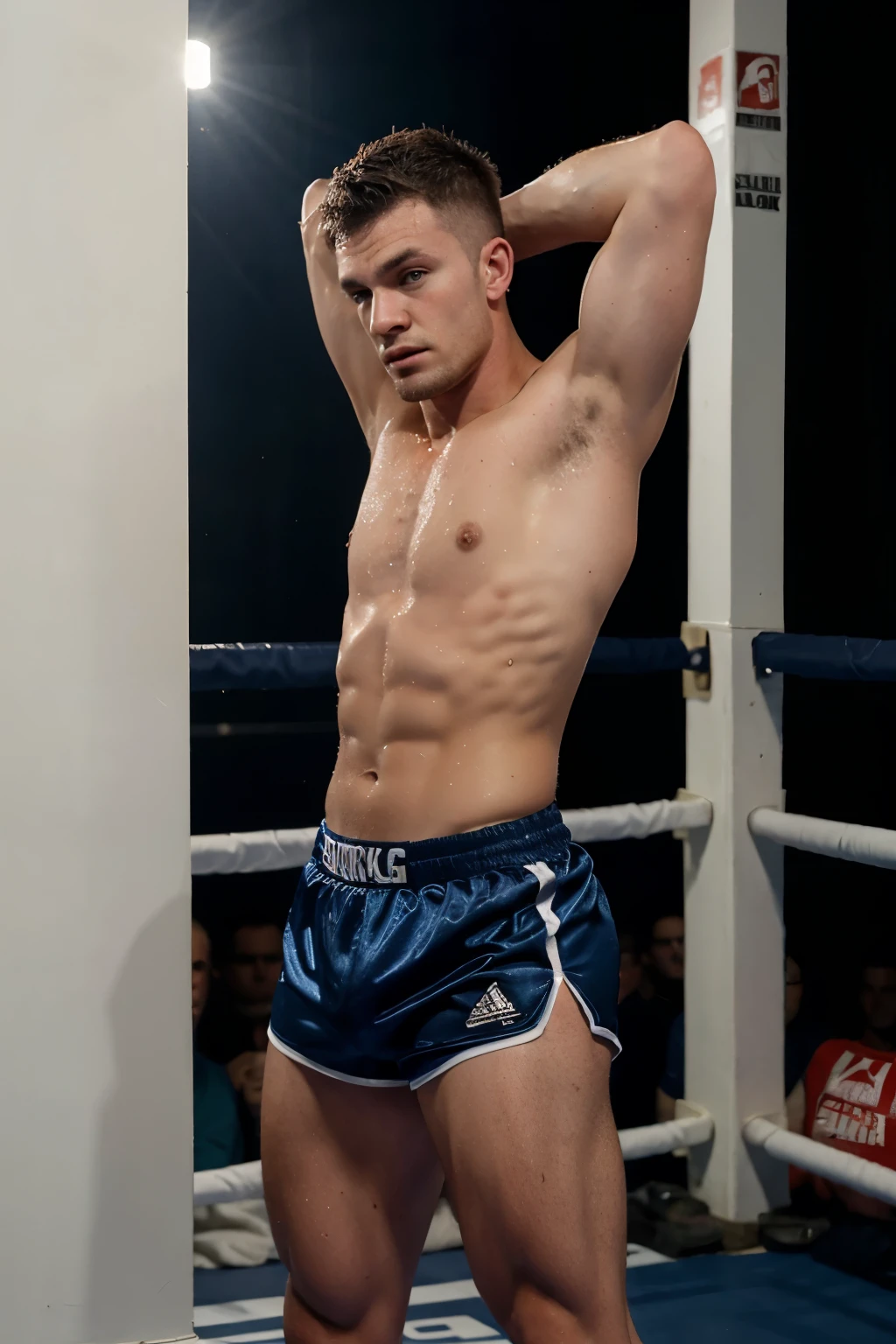 A sweaty, skinny, young Irish boxer with a wet fringe and stubble in dark blue satin boxing trunks with red trim