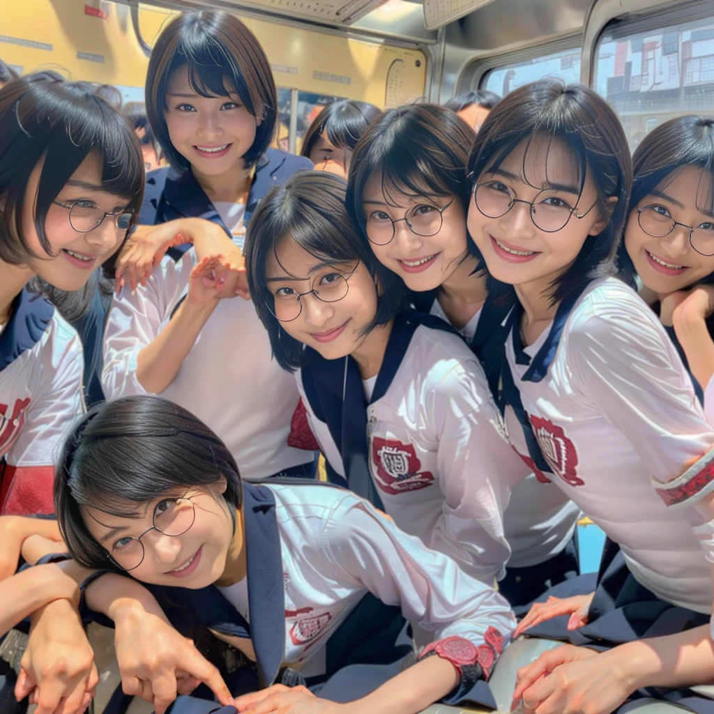 Raw photo、(((multiple girls))),((((6+girls)))),((((1000girls)))),(((10000girls)))、(((crowd shot))),((a baby face)),(((Adhesion)))、((Crammed))、((Packed))、(Inside the crowded train)、Women only、japanes、((Same height))、The same face、((A dark-haired)),1000 cute women standing on the train with no gaps between each other、(((Large group)))、((chiquita))、sweating、joyous expression、chiquitaでいっぱいの満員電車