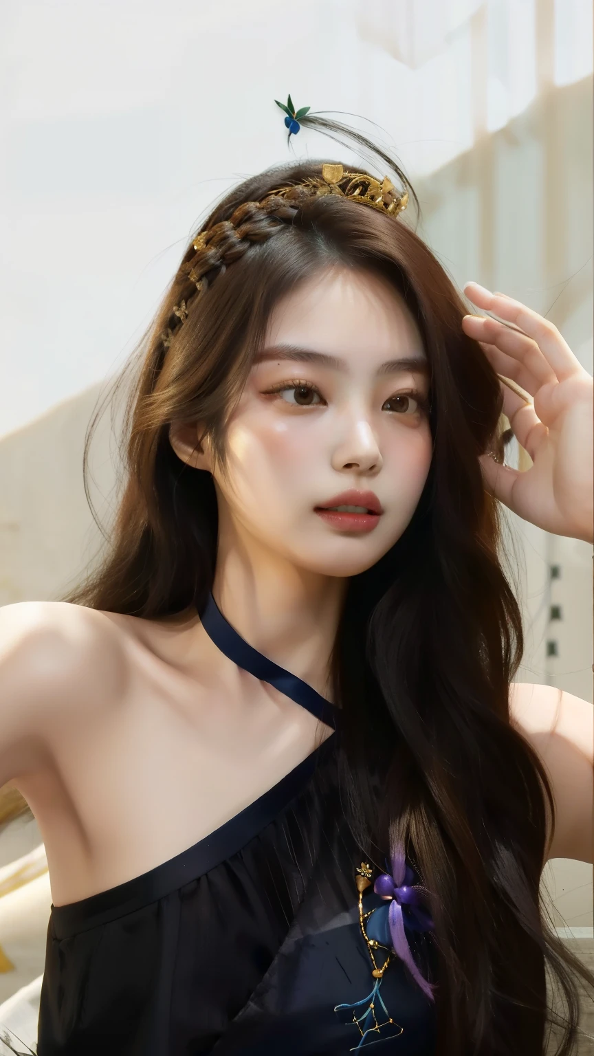 there is a woman with long hair posing for a picture, beautiful south Mulher coreana, maquiagem sul-coreana popular, menina coreana, maquiagem coreana popular, young adorable korean face, gorgeous young Mulher coreana, beautiful young Mulher coreana, Ulzzang, wan adorable korean face, Mulher coreana, korean face features, beautiful aesthetic face, com rosto redondo, young cute wan asian face