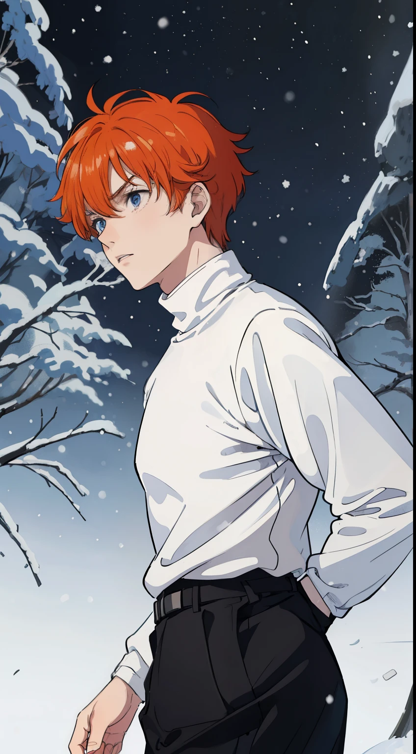 (1boy,18 years old), orange hair, blue eyes,(black pants),(((white sweater,turtleneck))),(snow,snowing,night,in a forest,night),((angry face,separated lips)),cowboy shot,((running,from side,looking away))