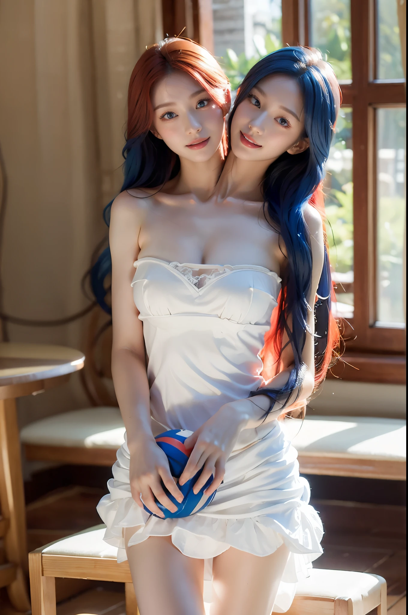 (masterpiece, best quality), best resolution, (2heads:1.5), 1girl, very long hair, red hair, clear eyes, blue hair, half-colour-hair, red eyes, left head's mouth open, all necks visible, heads spaced equally on one chest, perfect anatomy talking to the viewer, right head's mouth closed, smiling, holding a volleyball, white floral dress, indoor