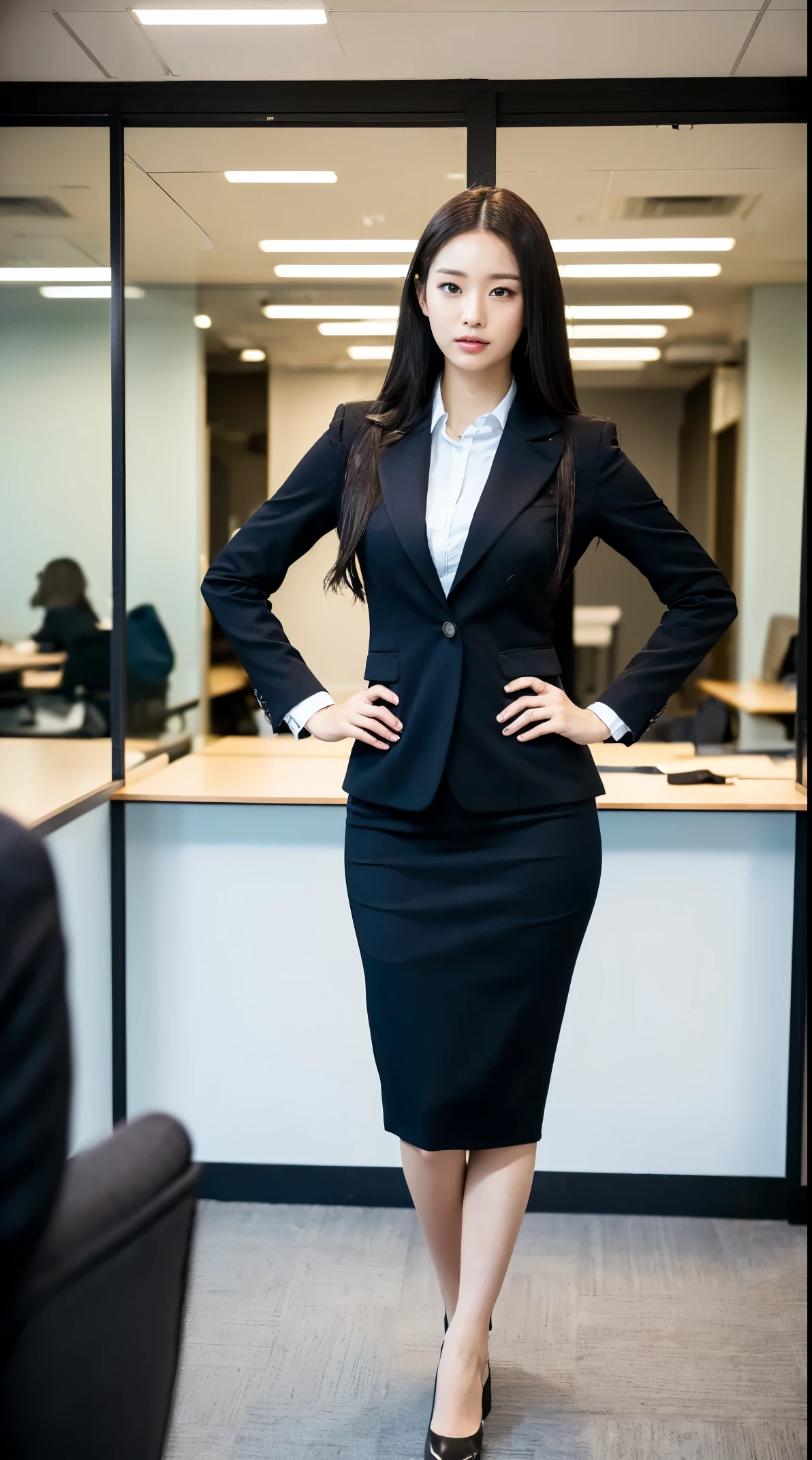 (masutepiece,High quality:1.3),(depth of fields:1.3) ,((front body:1.35)),  Japanese ,woman, (Women's business black suits black midi skirt ,White collared shirt:1.2),Huge breasts,(Looking at Viewer:1.3),(full body:1.2),(Hands on hips:1.2) Inside the office by the window