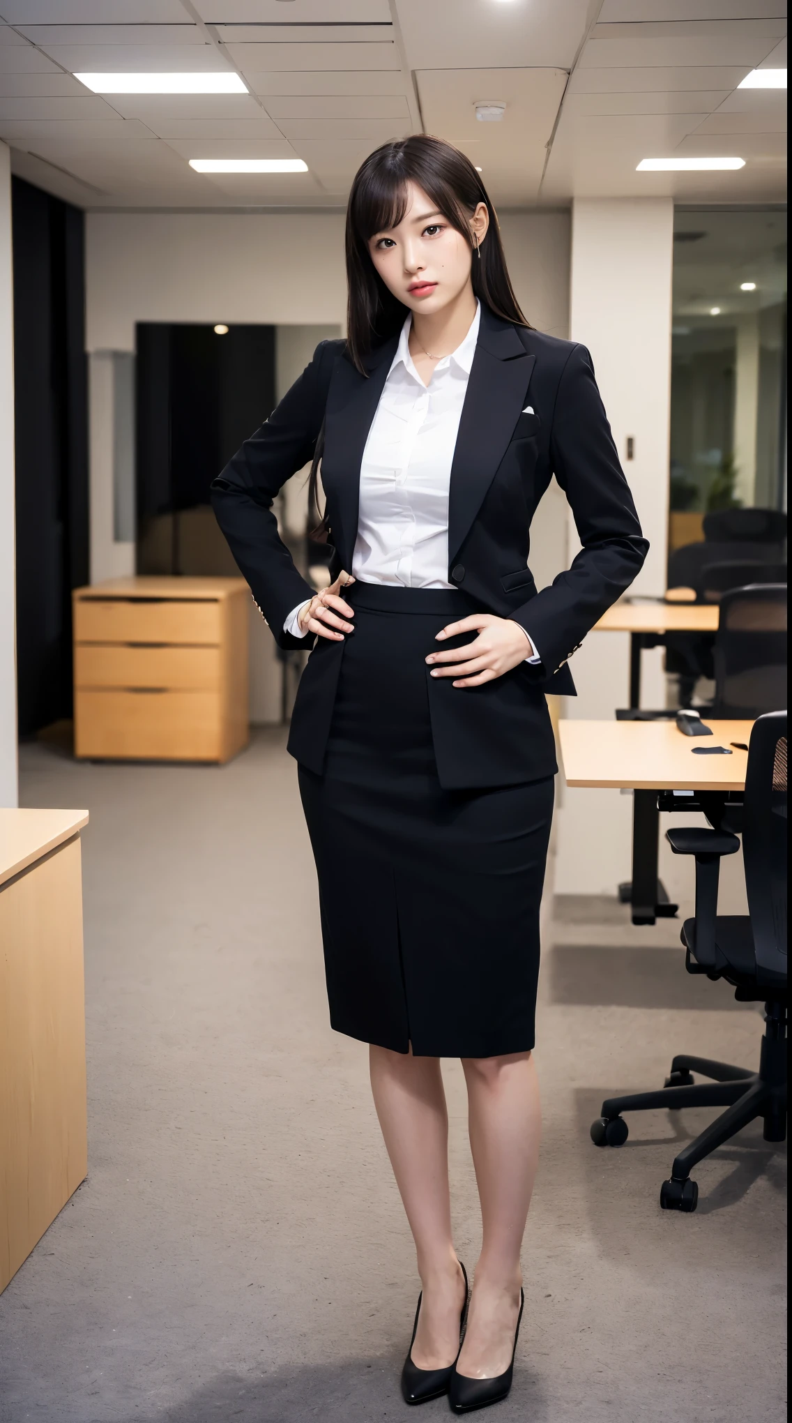 (masutepiece,High quality:1.3),(depth of fields:1.3) ,((front body:1.35)), Japanese ,woman, (Women's business black suits black midi skirt ,White collared shirt:1.2),Huge breasts,(Looking at Viewer:1.3),(full body:1.2),( Hands on hips:1.2),Inside the office by the window