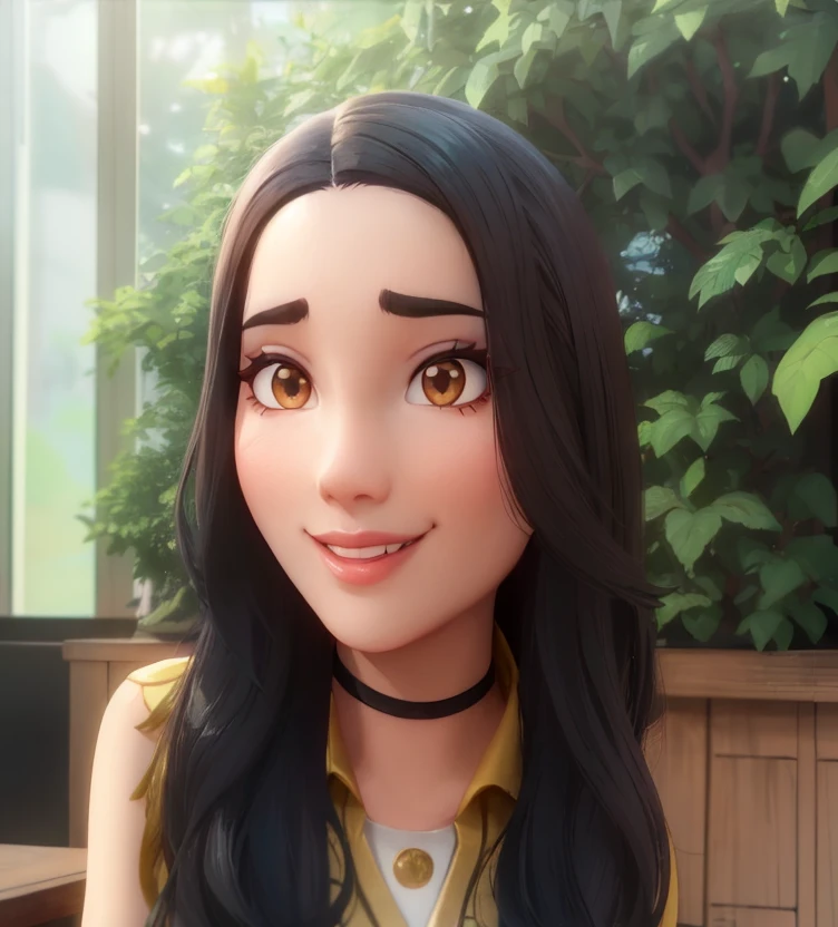 A brunette woman with oriental features and long black hair, Estilo Disney Pixar, alta qualidade, best quality