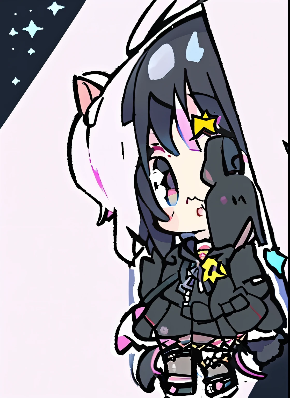 {best quality}, {{masterpiece}}, {highres}, original, {{extremely detailed 8K wallpaper}},{an extremely delicate and beautiful}, illustration,gorgeous decoration,{{loli}},{{{cute}}},kawaii,{grey with black eye},{black pleated skirt},{black hair},black hoddie,cityscape,1girl,look at viewer,{full body},thigh strap on right leg, serious,standing,{10 years old}animemanga girl with long black hair and a star on her head, animemanga girl with cat ears, style of anime 4 k, (animemanga girl), Girl with cat ears, cute anime cat girl, anime cat girl, Anime cute art style, beautiful anime cat girl, animemanga girl, an animemanga girl, style of anime. 8K, cute animemanga girl, nekomimi