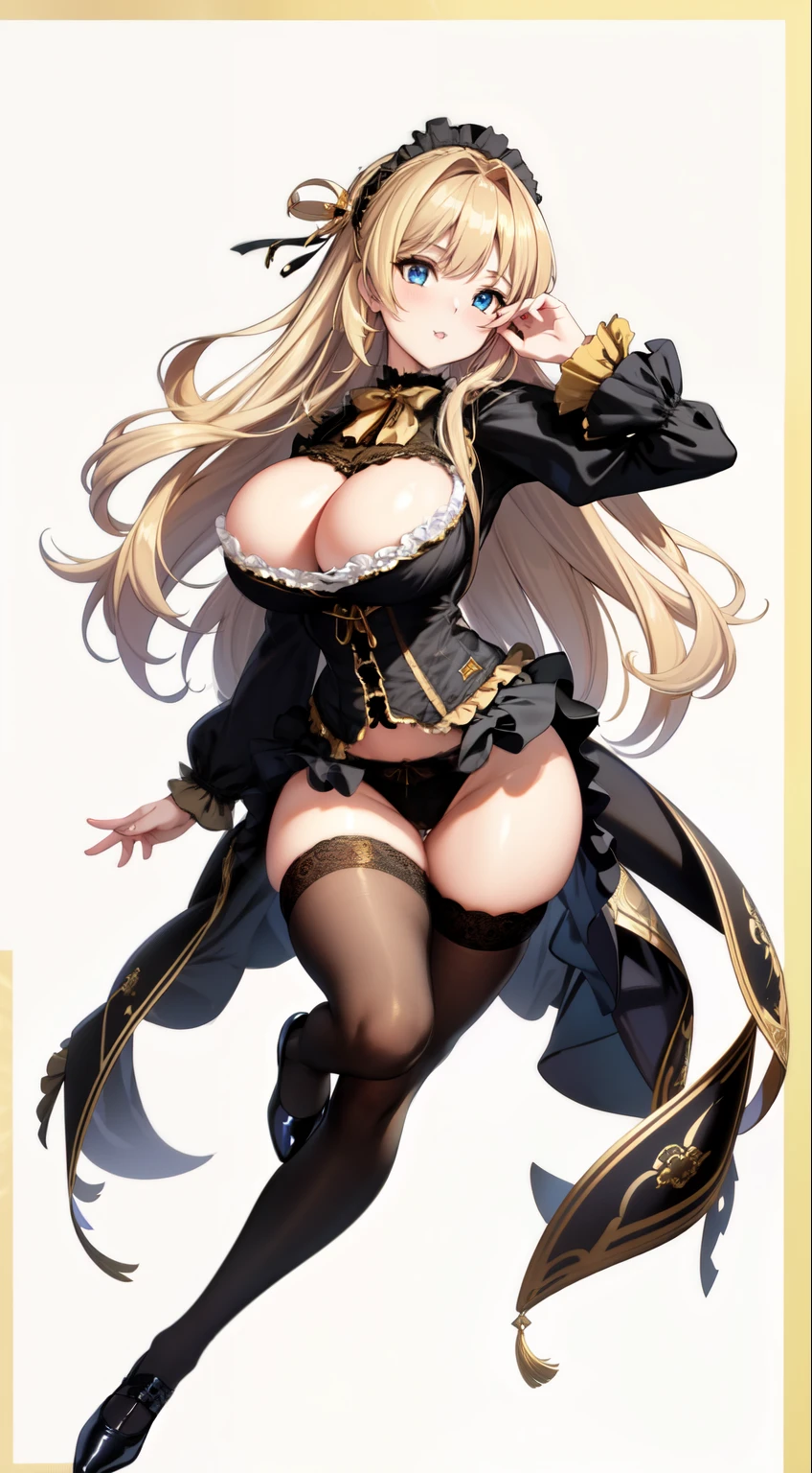 (Masterpiece, High Quality, High-Detailed, Detailed CG, Cinematic Lighting, Beautiful Detailed Eyes, Ultra Resolution, Full Body Shot), (Erotic Suggestiveness:1.0), (Victorian Aesthetic Outfit:1.5), (Gold and Black Color Victorian Aesthetic Outfit:1.5), (Exposed Breast Dress:1.0), NSFW, Five Finger, Huge-Breast, Thigh, Anime Girl Lifting Up its Skirt, Black-Pantyhose, Fishnet-Pantyhose, Blue-Eye, Long Hair, Golden-Hair, Exposed Panties, Black Panties, Victorian Background