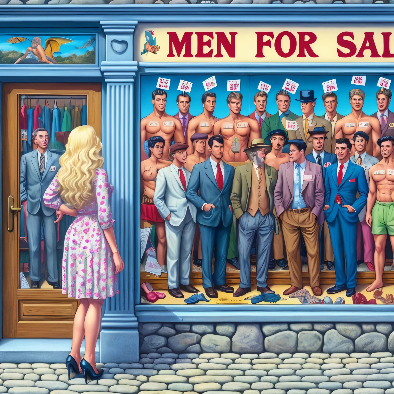there is a woman standing in front of a store with a lot of Men, inspired Mort Kunstler, Alex Gross, Men, Mort Kunstler, by Meredith Dillman, inspired Robert Ballagh, by senior artist, P.J. Crook, Robert Ballagh, Melissa Benson, Neisa McMain, satirical painting