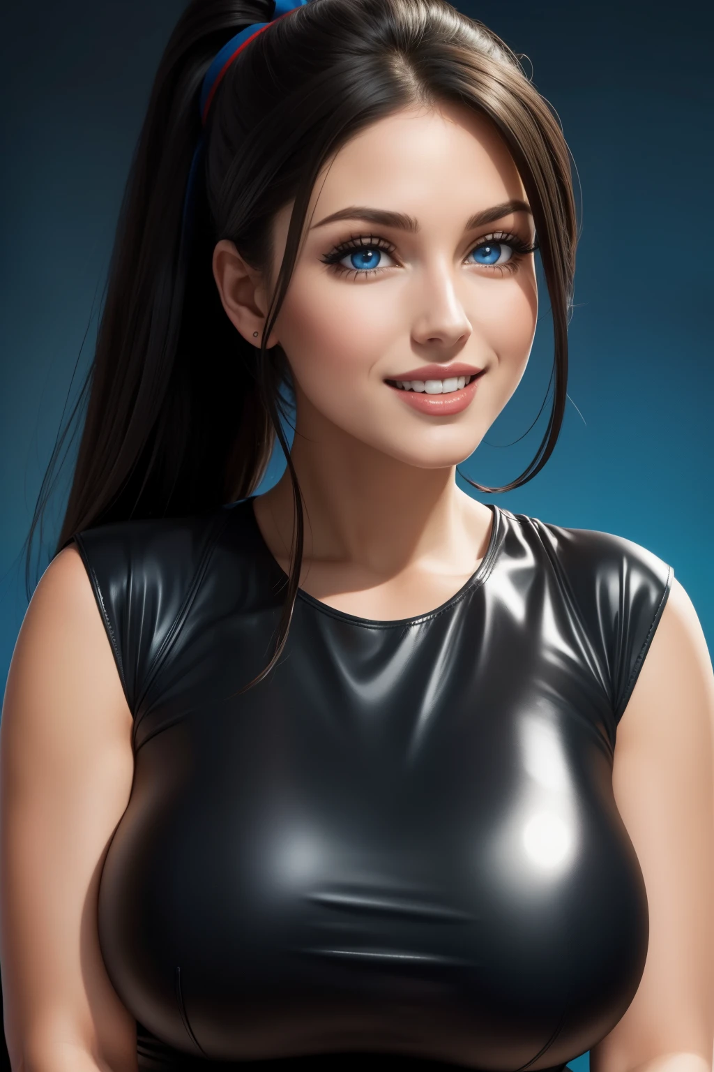 Lucy Pinder, Face portrait, red lipstick, smiling, black hair, straight hair, ponytail, black latex t-shirt, cleavage.blue dress , blue eyes