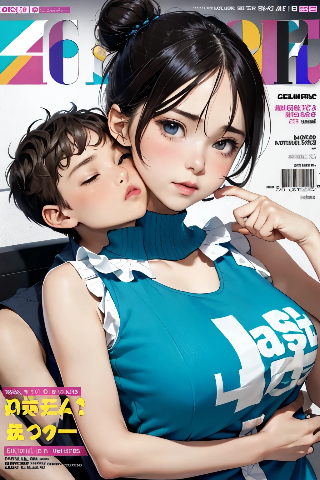 (colorful  Magazine cover with lots of text)，(close-up:1.2)，pajamas， 1girl，Grasp by hand，(mother and son:1.5)，(kiss:1.5)，(A ten-year-old boy:1.4)，(holding breats)，(1boys:1.6)，{26-year-old lactating woman},drunken eyes,Side Chest,open at the chest,disproportionate breasts, Nipples standing up,sweat,((Sleeveless, low-necked , open neckline:1.3)),{hairbuns，Women's hairstyle}, (areola:1.4)，Ultra-fine face, detailed eye, Double-fold eyelids，ssmile，pervert