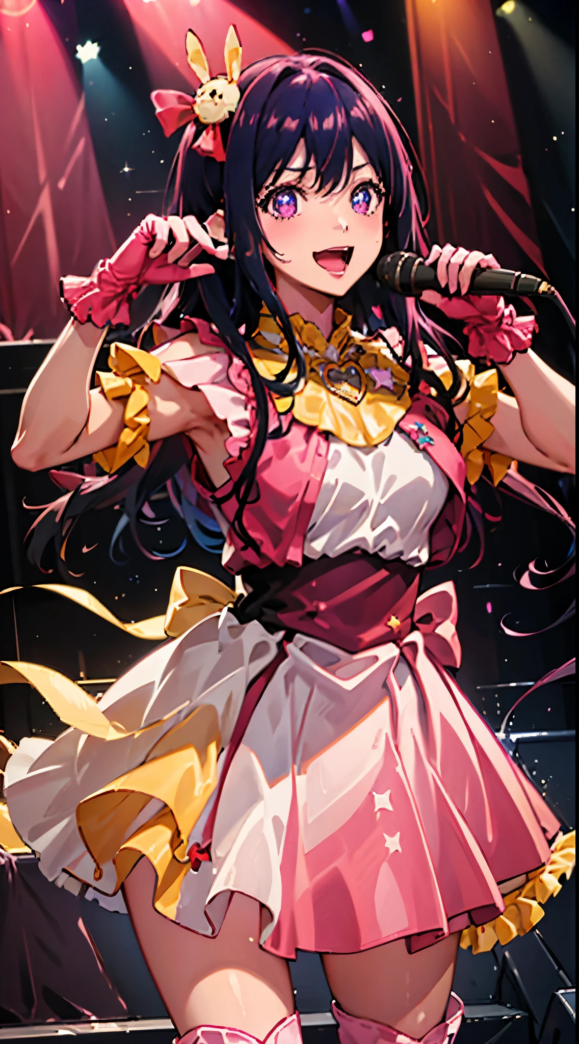 hoshino ai, from below, star dress, singing, :d, happy, open mouth, stage, concert, stage lights, audience, pink dress, yellow collar, pink gloves, pink thigh boots, crowd, light particles, red heart brooch, (holding microphone all hand),, masterpiece, best quality, highly detailed