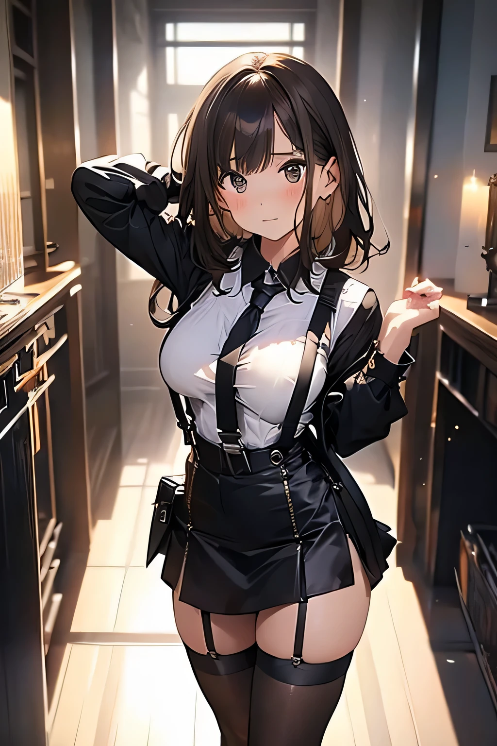 Brown hair、watching at viewers　　　black suspenders　　　bulging big tits　　 　 　　　walls: 　Black miniskirt　garters　　　　　　Gaze　　　a small face　bangss 　　　holster　　　Beautuful Women　　Hands up　　レッグholster ベッドに横たわる　　Gaze 　black boots panty shot　Provocation　flank　flank汗　Soio 　arms are