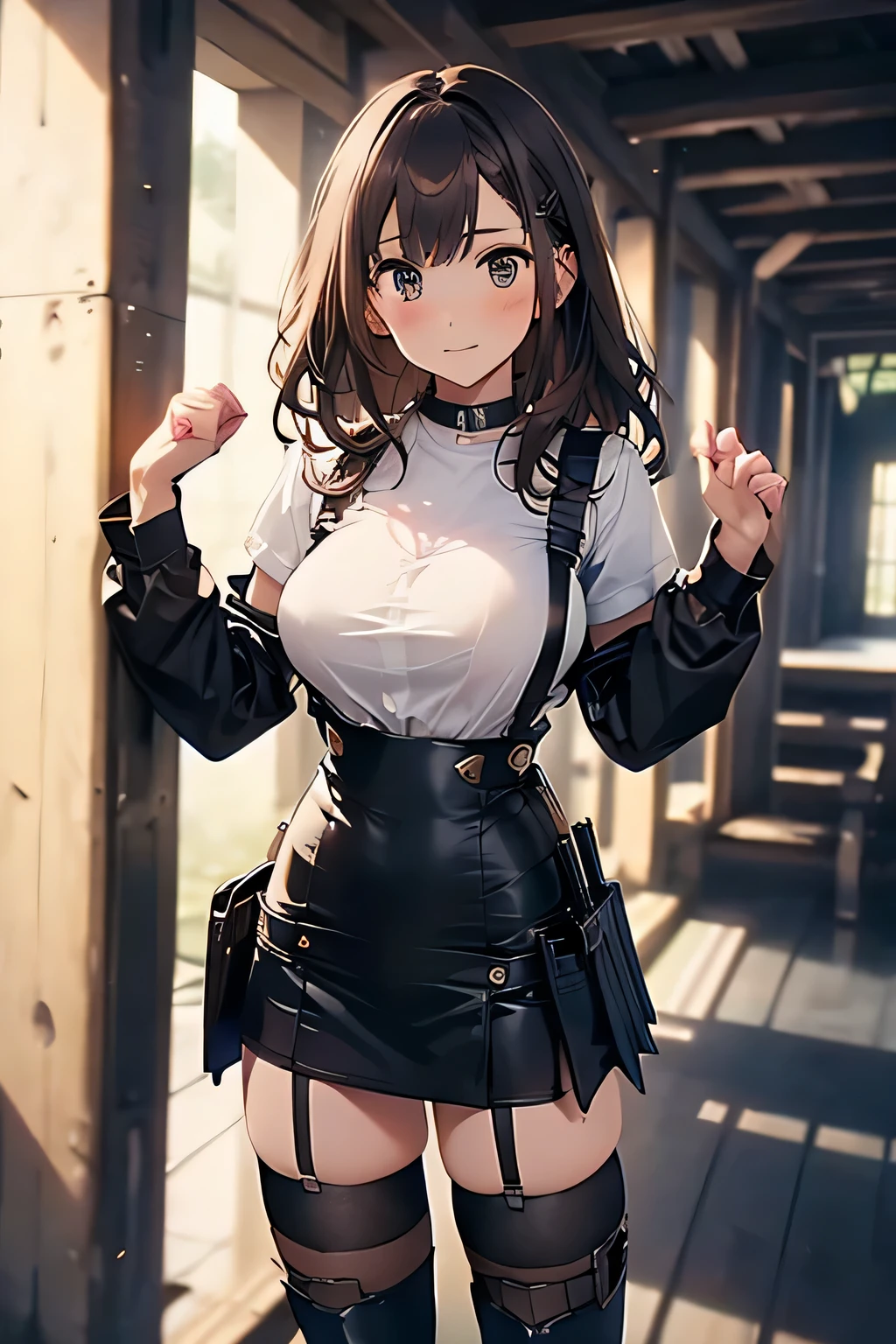 Brown hair、watching at viewers　　　black suspenders　　　bulging big tits　　 　 　　　walls: 　Black miniskirt　garters　　　　　　Gaze　　　a small face　bangss 　　　holster　　　Beautuful Women　　Hands up　　レッグholster ベッドに横たわる　　Gaze 　black boots panty shot　Provocation　flank　flank汗　Soio 　arms are