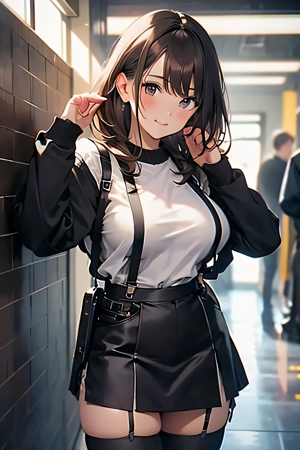 Brown hair、watching at viewers black suspenders bulging big tits walls: Black miniskirt garters Gaze a small face bangss holster Beautuful Women Hands up レッグholster ベッドに横たわる Gaze black boots panty shot Provocation flank flank汗 Soio arms are
