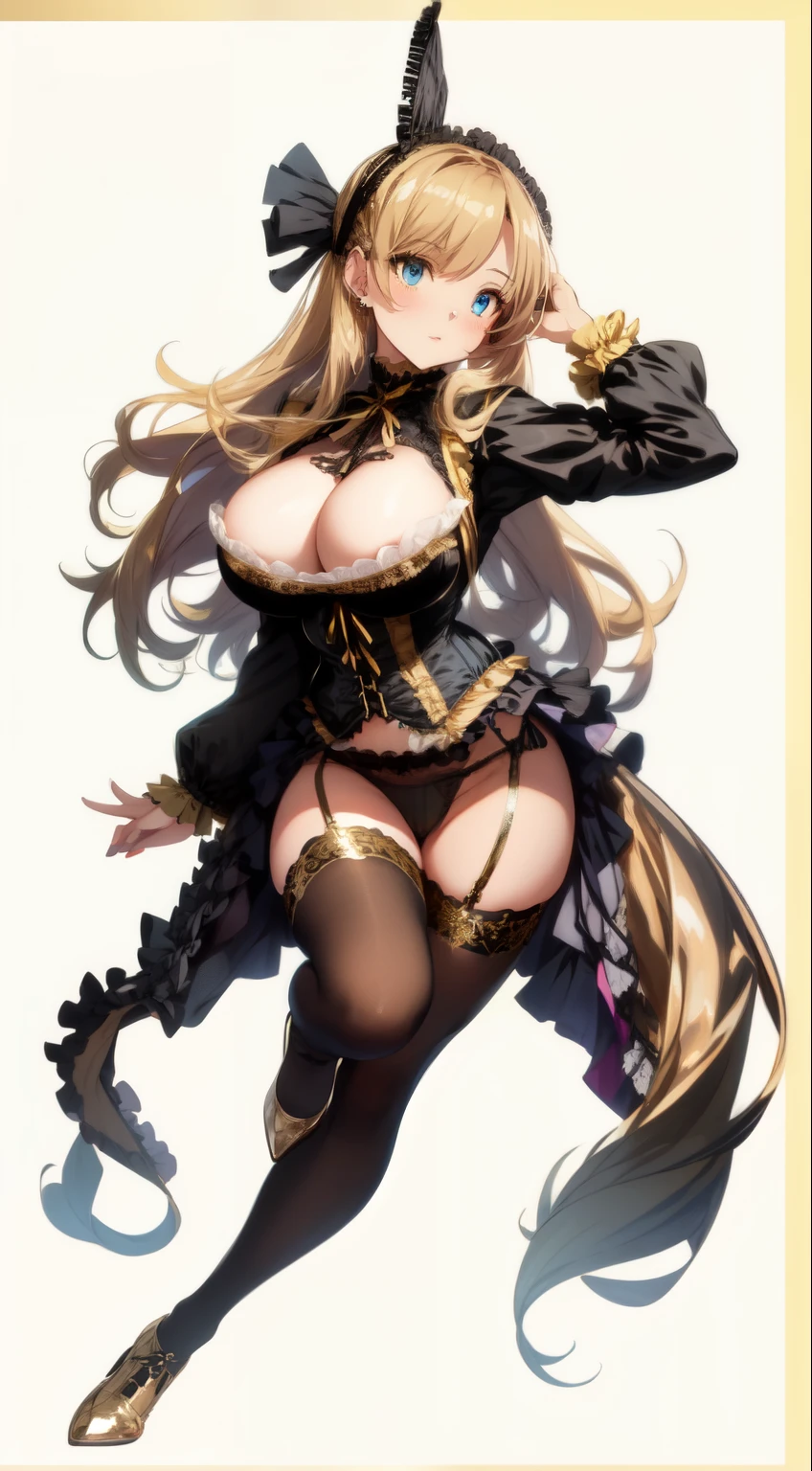 (Masterpiece, High Quality, High-Detailed, Detailed CG, Cinematic Lighting, Beautiful Detailed Eyes, Ultra Resolution, Full Body Shot), (Erotic Suggestiveness:1.0), (Victorian Aesthetic Outfit:1.5), (Gold and Black Color Victorian Aesthetic Outfit:1.5), (Exposed Breast Dress:1.0), NSFW, Five Finger, Huge-Breast, Thigh, Anime Girl Lifting Up its Skirt, Black-Pantyhose, Fishnet-Pantyhose, Blue-Eye, Long Hair, Golden-Hair, Exposed Panties, Black Panties, Victorian Background