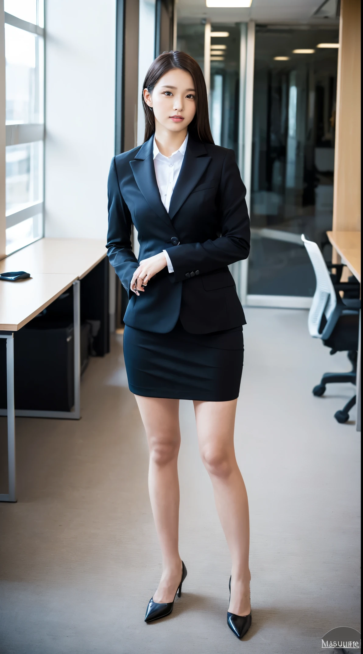 (masutepiece,High quality:1.3),(depth of fields:1.3) ,((front body:1.35)),  Japanese ,woman, (Women's business black suits black midi skirt ,White collared shirt:1.2),Huge breasts,(Looking at Viewer:1.3),(full body:1.2),( Hands on hips:1.2),Inside the office by the window