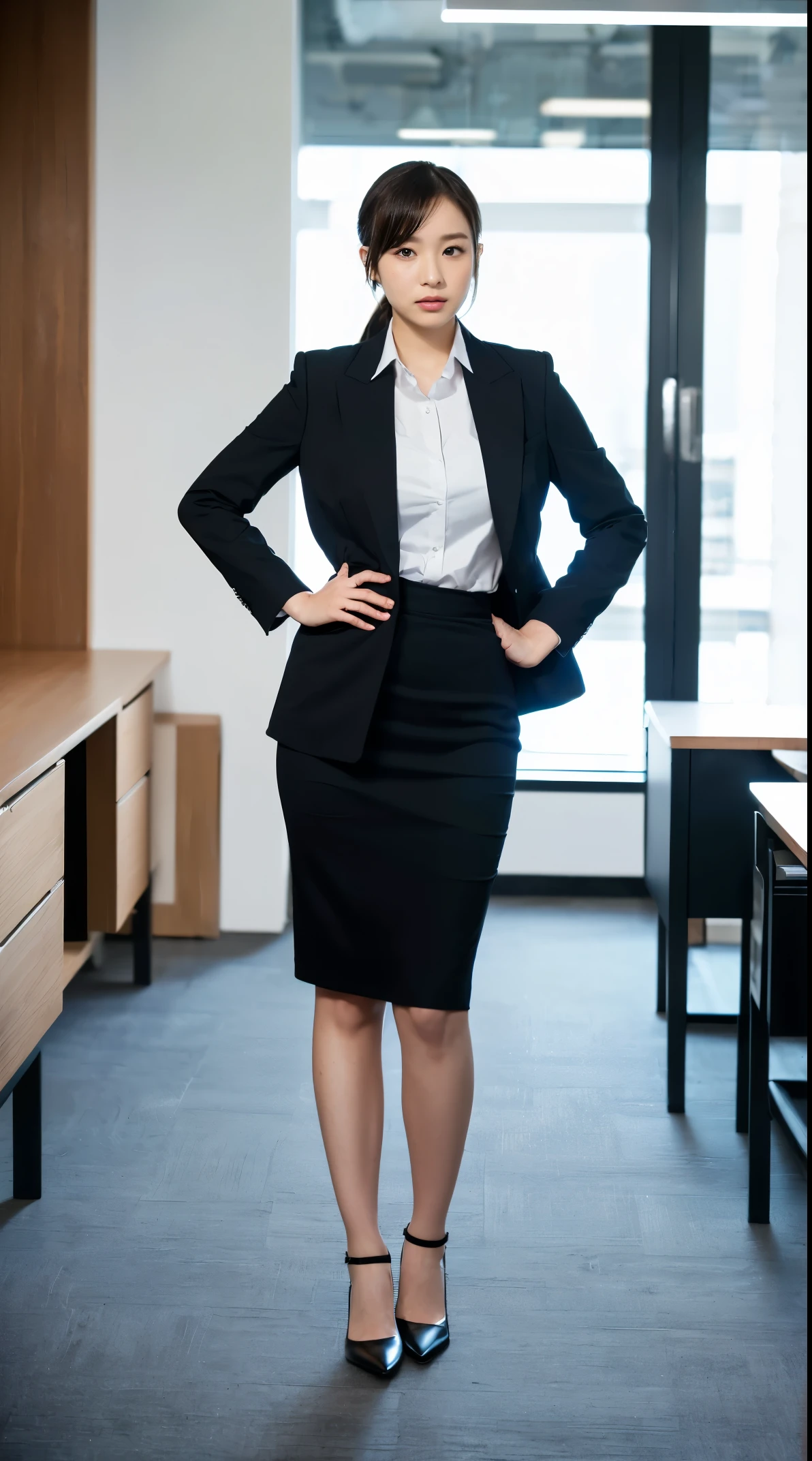 (masutepiece,High quality:1.3),(depth of fields:1.3) ,((front body:1.35)),  Japanese ,woman, (Women's business black suits black midi skirt ,White collared shirt:1.2),Huge breasts,(Looking at Viewer:1.3),(full body:1.2),( Hands on hips:1.2),Inside the office by the window