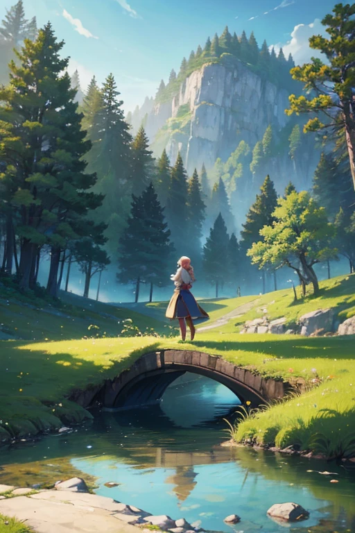 A woman standing on a forest bridge in an animated scene, anime rural scenery, beautiful animated scenes, beautifully animated scenery, animated scenes, anime landscapes, anime background art, peaceful scenes in anime, world of Polomiya in anime, today's recommended anime, under the backdrop of beautiful scenery in animated movies, concept art of animated landscapes, anime landscapes