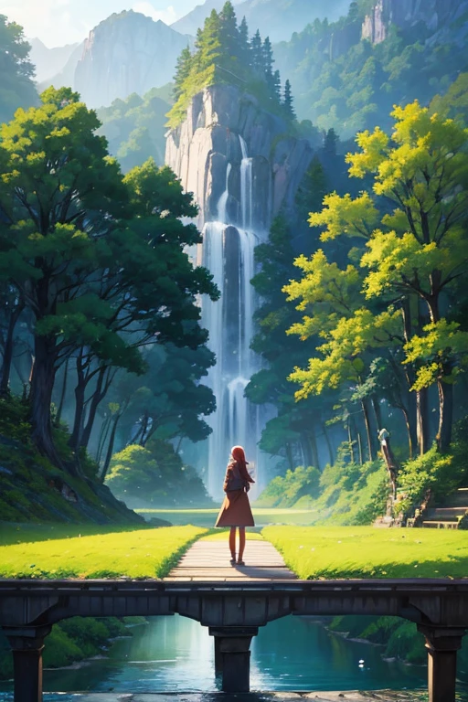 A woman standing on a forest bridge in an animated scene, anime rural scenery, beautiful animated scenes, beautifully animated scenery, animated scenes, anime landscapes, anime background art, peaceful scenes in anime, world of Polomiya in anime, today's recommended anime, under the backdrop of beautiful scenery in animated movies, concept art of animated landscapes, anime landscapes