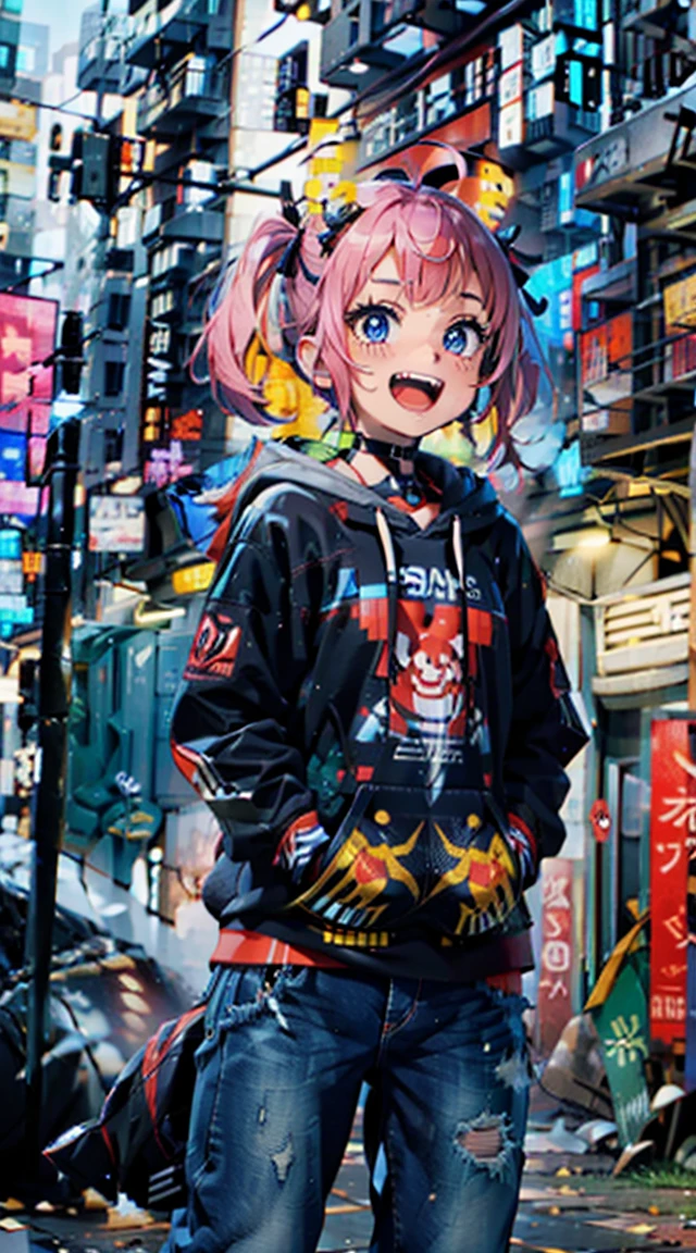 Female brat,Cute face,very long Twin tail,cute large eyes,Hoodie,jeans,nightcity,Laughing,Open mouth,masutepiece,Ultra Detail,ultra-quality,super precision,8K,No extra arms,no extra hands,No extra fingers,No extra legs,left hand in pocket,