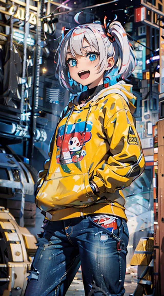 Female brat,Cute face,very long Twin tail,cute large eyes,Hoodie,jeans,nightcity,Laughing,Open mouth,masutepiece,Ultra Detail,ultra-quality,super precision,8K,No extra arms,no extra hands,No extra fingers,No extra legs,left hand in pocket,