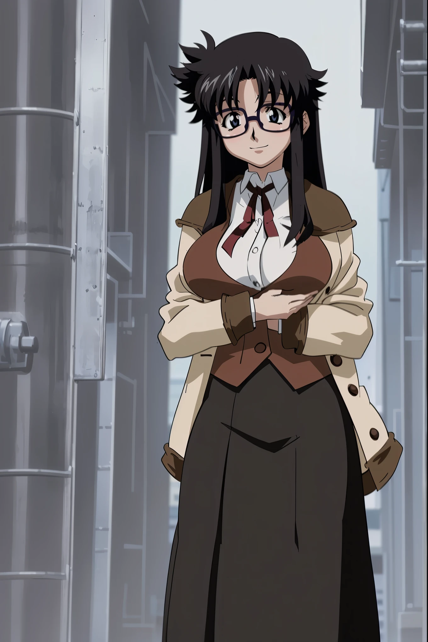 YR, 1girl, solo, upper body, portrait, sticker blush, smile, looking at viewer, glasses, long skirt, coat, vest, ribbon, long sleeves, messy hair, fine detail, perfect quality, good quality, masterpiece, HDR, UHD full body, refsheet, flipflops,  huge breast,