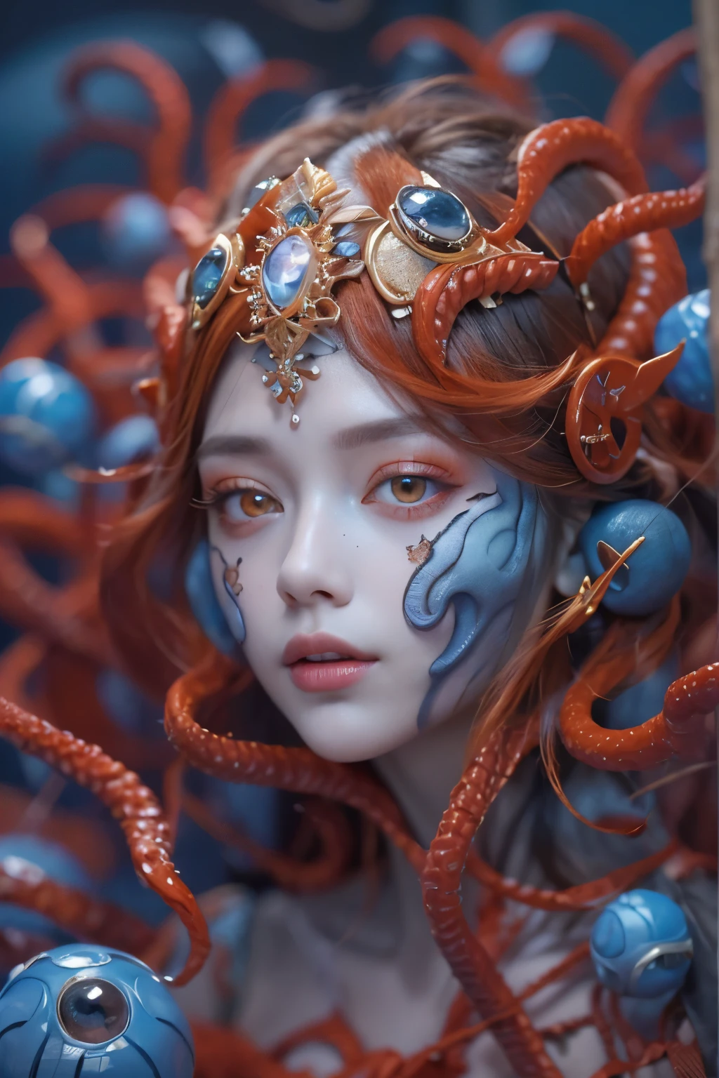 Female Alien, Beautiful face, seduces, red eyes, Full body like, A sexy, alien, No humans, an alien, cells are fused, Multiple hands, (Lots of blue tentacles), (blue skin:1.5), extraterrestrial, cell, bio image, 魅惑的, Best Quality, 8K,,4K_quality, high_Definition,Dramatic Lighting, masutepiece:1.5,cinematic quality, detail up, Intricate details:1.2, 超A high resolution, High Definition, drawing faithfully, (Thick eyebrows:1.2), (Big scarlet eyes:1.6), Beautiful eyes with fine symmetry, (Ultra detailed eyes:1.2),(Highly detailed face and eyes:1.2), (High-resolution red-eye:1.4), Intimate face, (Super detailed skin quality feeling:1.4), Perfect Anatomy,  (Beautiful toned body:1.5),  (Moist skin:1.2), No makeup, (dark circles:1.1), long canines