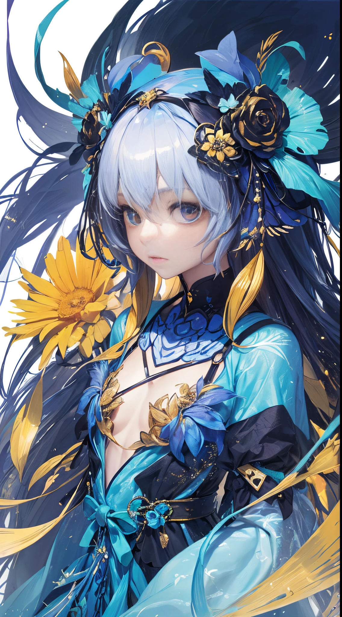 (tmasterpiece:1.1),(Best quality:1.1),(HighDynamicRange:1),ambient light,Super quality,( Super detailed original image),(1 Sister, Upper part of the body),((harajuku fashion)),((flower with human eyes, flower eyes)),double contact,A fusion of fluid abstract art,An error occurred,(Original illustration composition),(Limited color mixing, Minimalist art style, butterflys, artistically),